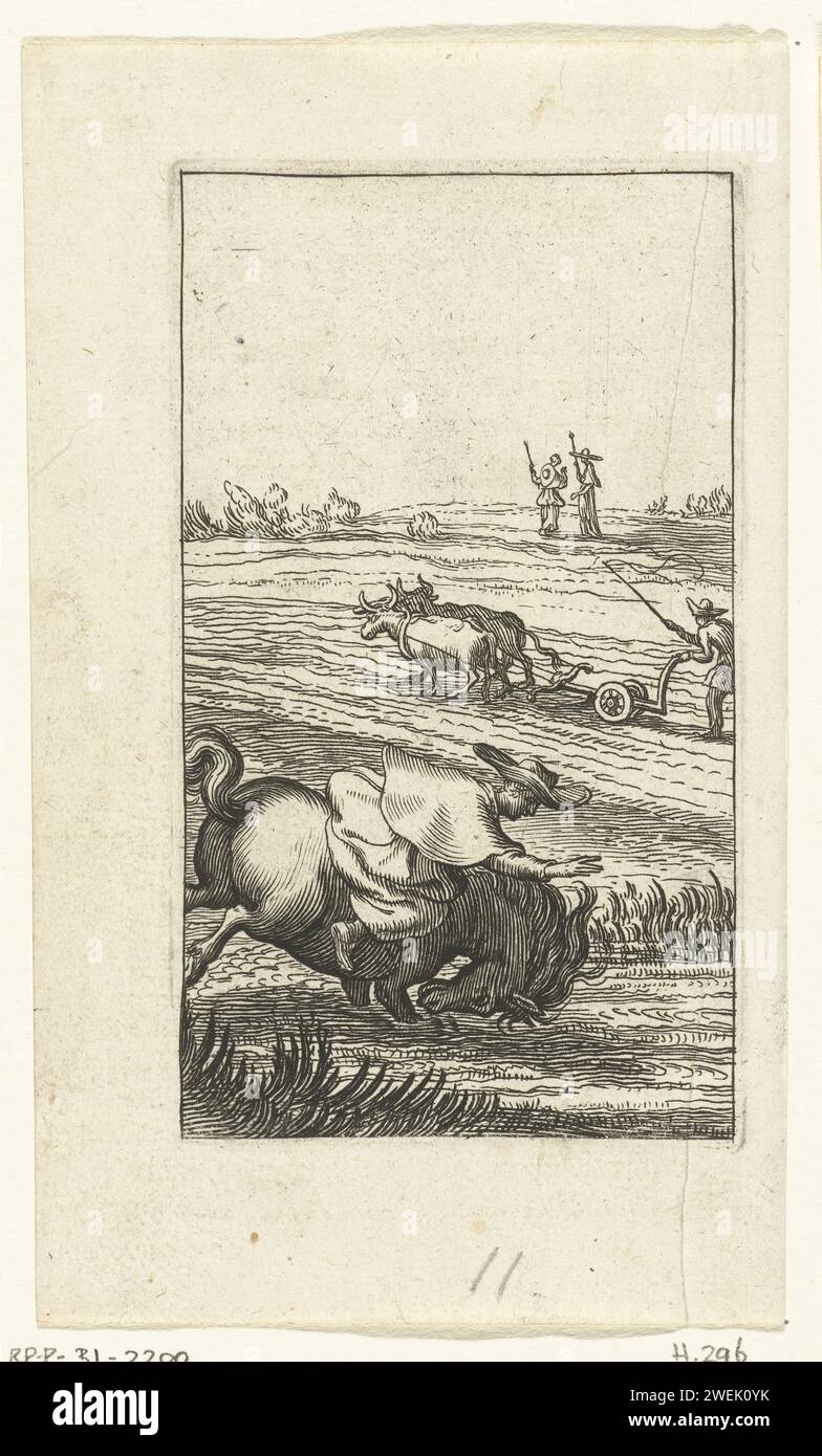 Willemynken fällt vom Pferd und Bauern Akker, Boëtius Adamsz. Bolswert, 1590–1627 Druck Willemynken wird vom Rücken geworfen, weil sie für das Tier keinen Zügel benutzt. Ein Bauer pflügt das Feld. Papiergravur für Pilger. Unfall mit Pferd (oder verwandten Tieren) Stockfoto