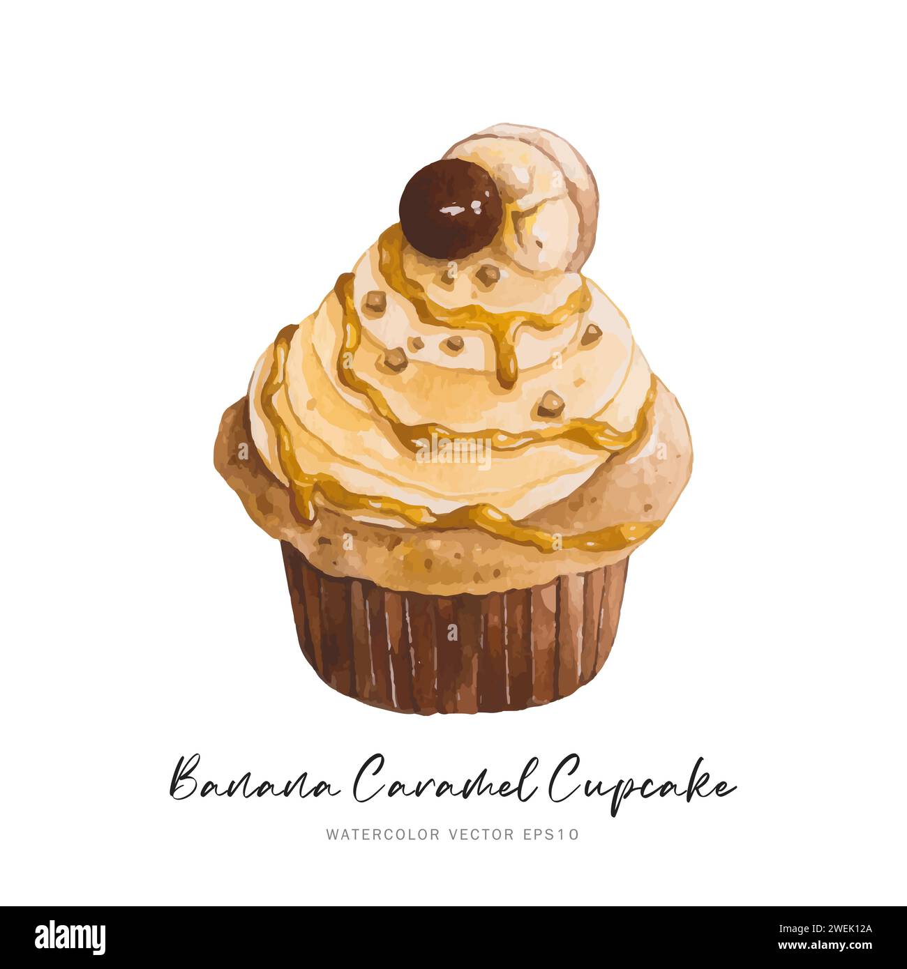 Bananenkaramell Cupcake Dessert, Aquarellnahrung Malerei Vektor Design isoliert auf weißem Hintergrund Stock Vektor