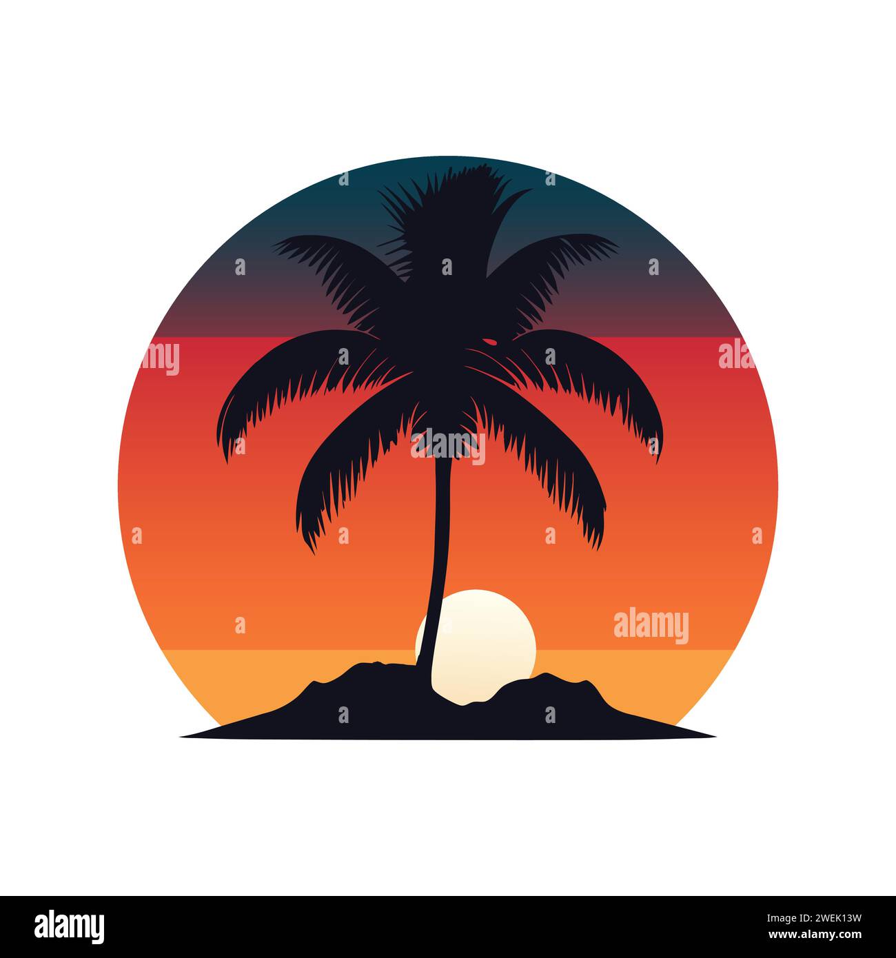 Sonnenuntergang auf der Insel mit Kokospalme Silhouette auf lebendiger Sommerfarbe runden Hintergrund Vektor Design Stock Vektor