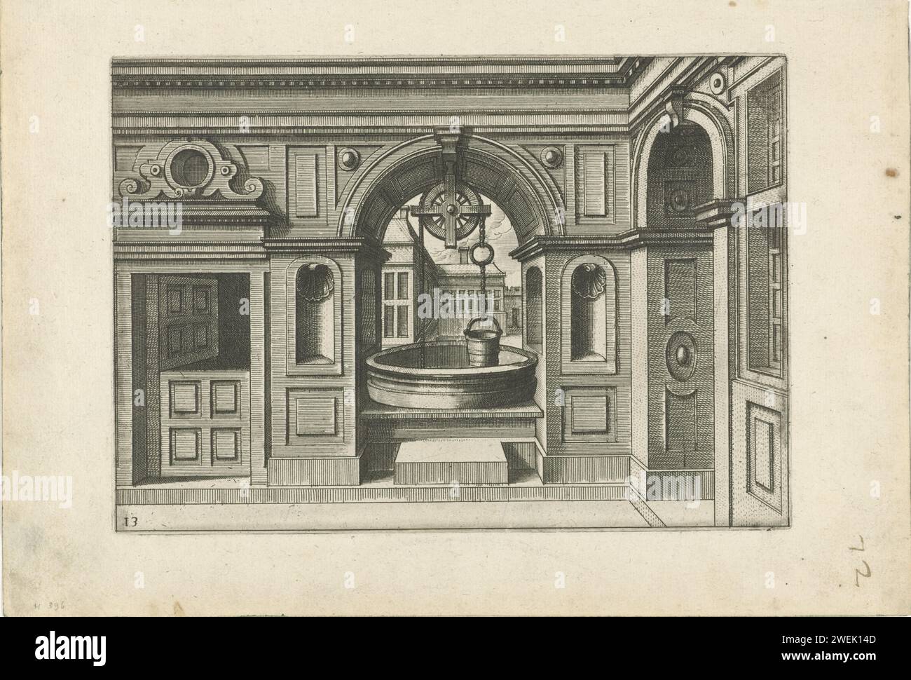 Wasserbrunnen in bogenförmiger Öffnung in einer Mauer, Johannes oder Lucas van Doetechum, nach Hans Vredeman de Vries, um 1574 drucken rund in die Trennwand zwischen einem Innenhof und einem Platz eingebauter Brunnen. Nr. 13 aus Serie von 24 kleinen Wells, die gut ätzt Stockfoto