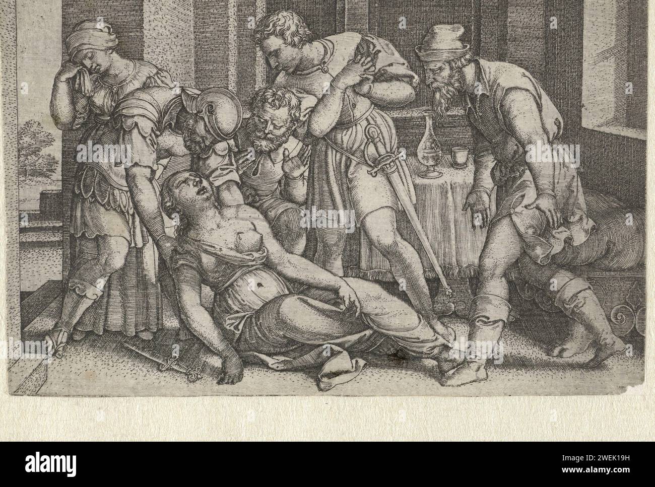 Collatinus und Brutus bei der sterbenden Lucretia, Georg Pencz, 1546–1547 Print Brutus unterstützt die sterbende Lucretia, nachdem sie sich in die Brust gesteckt hat. Ihr Mann Collatinus beugt sich mit gefalteten Händen zu ihr und ihr Vater kniet verzweifelt neben ihr. Eine Dienerin wischt sich Tränen aus dem Gesicht. Papiergravur Tod von Lucretia: Sie begeht Selbstmord, indem sie sich selbst ersticht Stockfoto