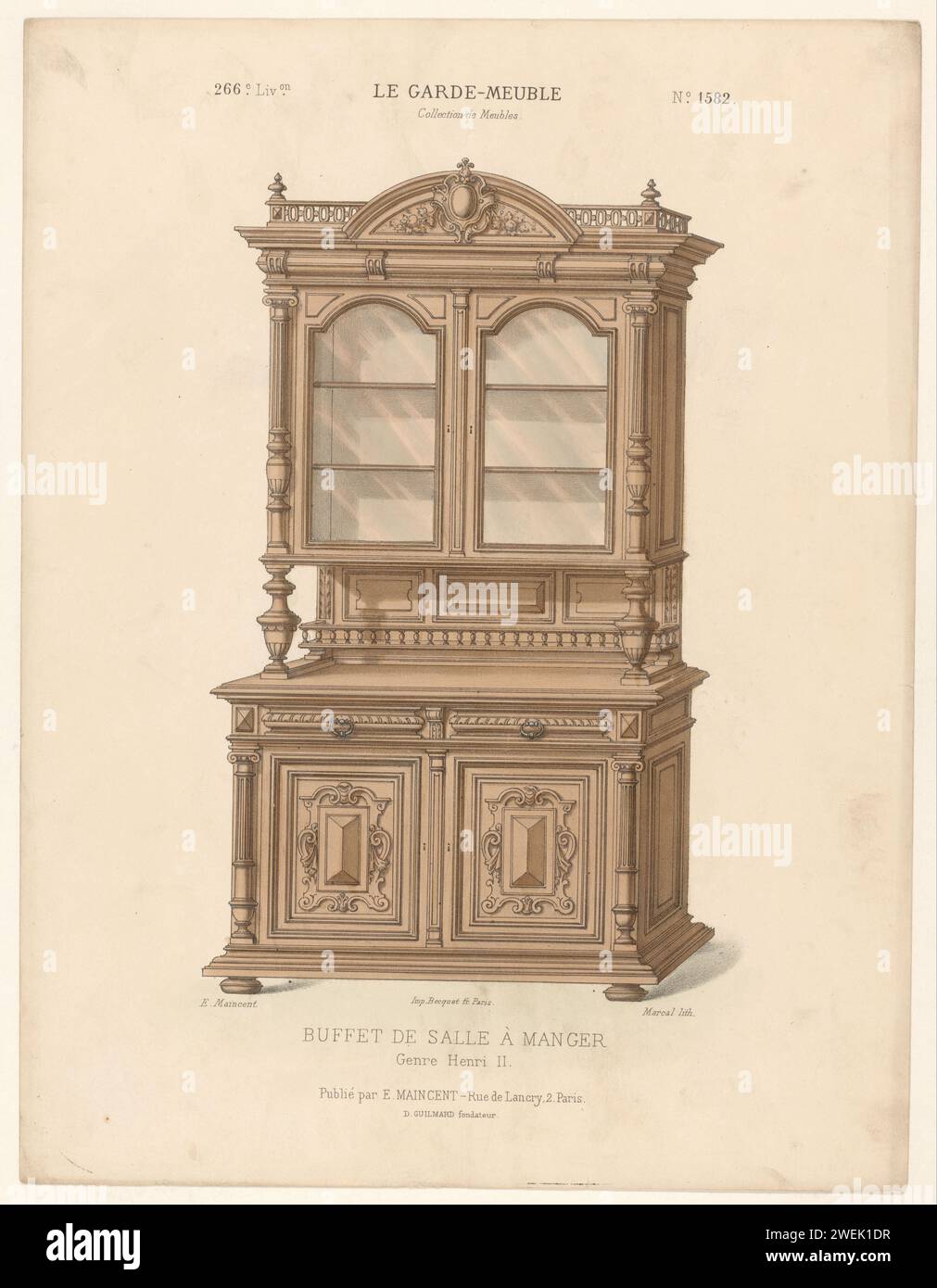 Buffetkast, Marcal, 1885 - 1895 Drucken Sie Einen Buffetschrank im Hendrik II-Stil, der für einen Speisesaal bestimmt ist. Drucken Sie aus dem 266. Livraison. Papiermöbel zur Aufbewahrung Stockfoto