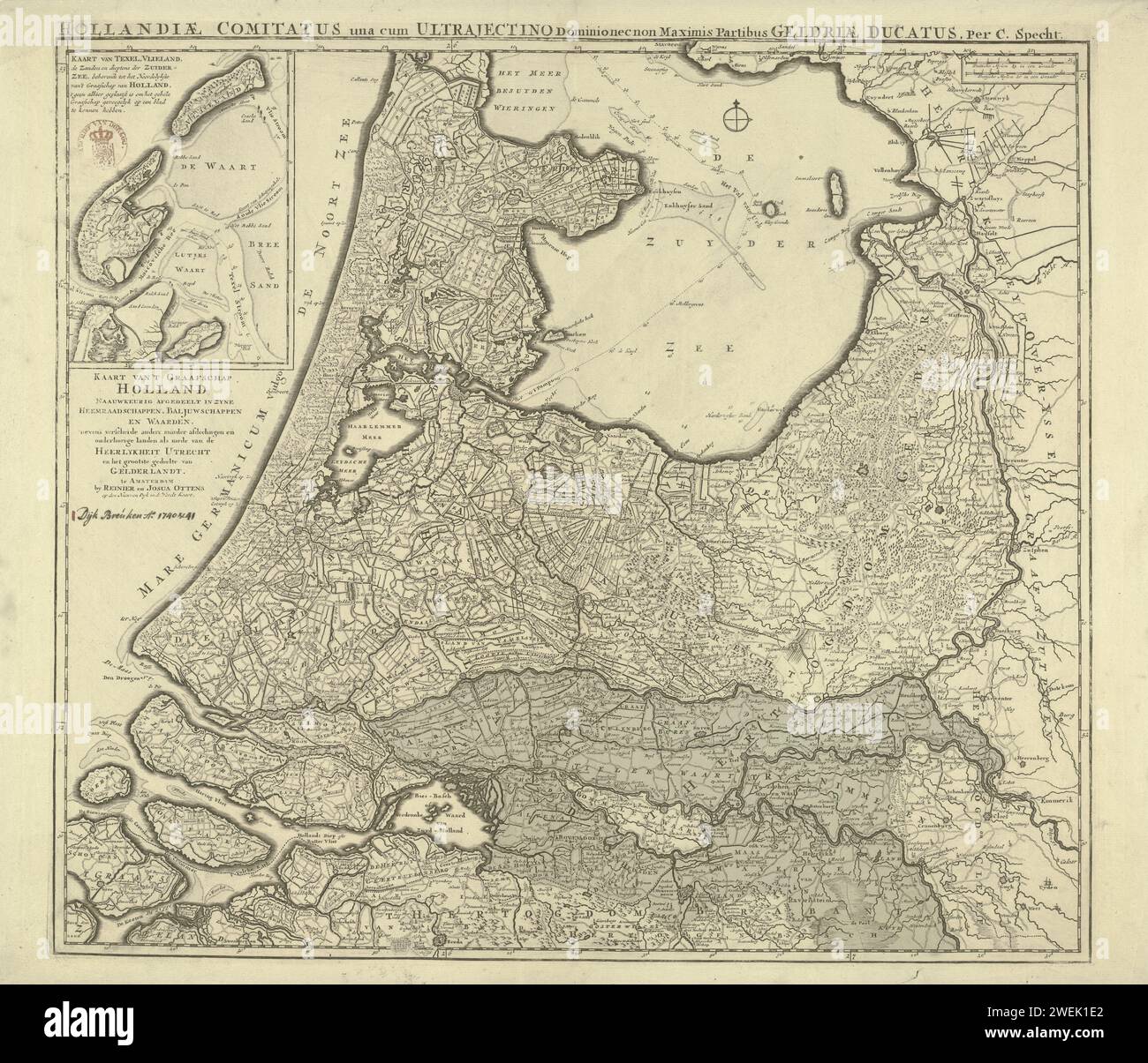 Karte der Provinzen Holland, Utrecht und Gelderland mit den Teilen, die 1740-1741, 1740-1741, geflutet wurden Karte der Provinzen Holland, Utrecht und Gelderland, auf denen die Teile, die im Dezember 1740 und November 1741 bei den Deichbrüchen und Überschwemmungen unter Wasser geflutet wurden, gefärbt waren. Oben links eine Wette mit den Inseln Texel und Vlieland. Wiederverwendung einer älteren Karte. Papiergravur von Karten von verschiedenen Ländern oder Regionen Holland. Utrecht. Gelderland Stockfoto