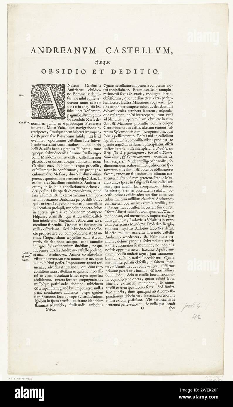 De Sconhans Sint -Andries and de Voorn, 1600, 1647 - 1649 drucken zwei Grundrisse der Sconhans Sint-Andries und der Rotauge auf den Maas und Waal. Die Festungen wurden von der Staatsarmee unter Maurits im Mai 1600 eingenommen. Auf einem Doppelblatt aus dem Stadtbuch von Blaeu, beidseitig bedruckt mit lateinischem Text. Papierätzung/Buchdruck von Stadtplänen. Befestigungsanlagen, Militärtechnik Schans Sint-Andries. Schans, die Kakerlake Stockfoto