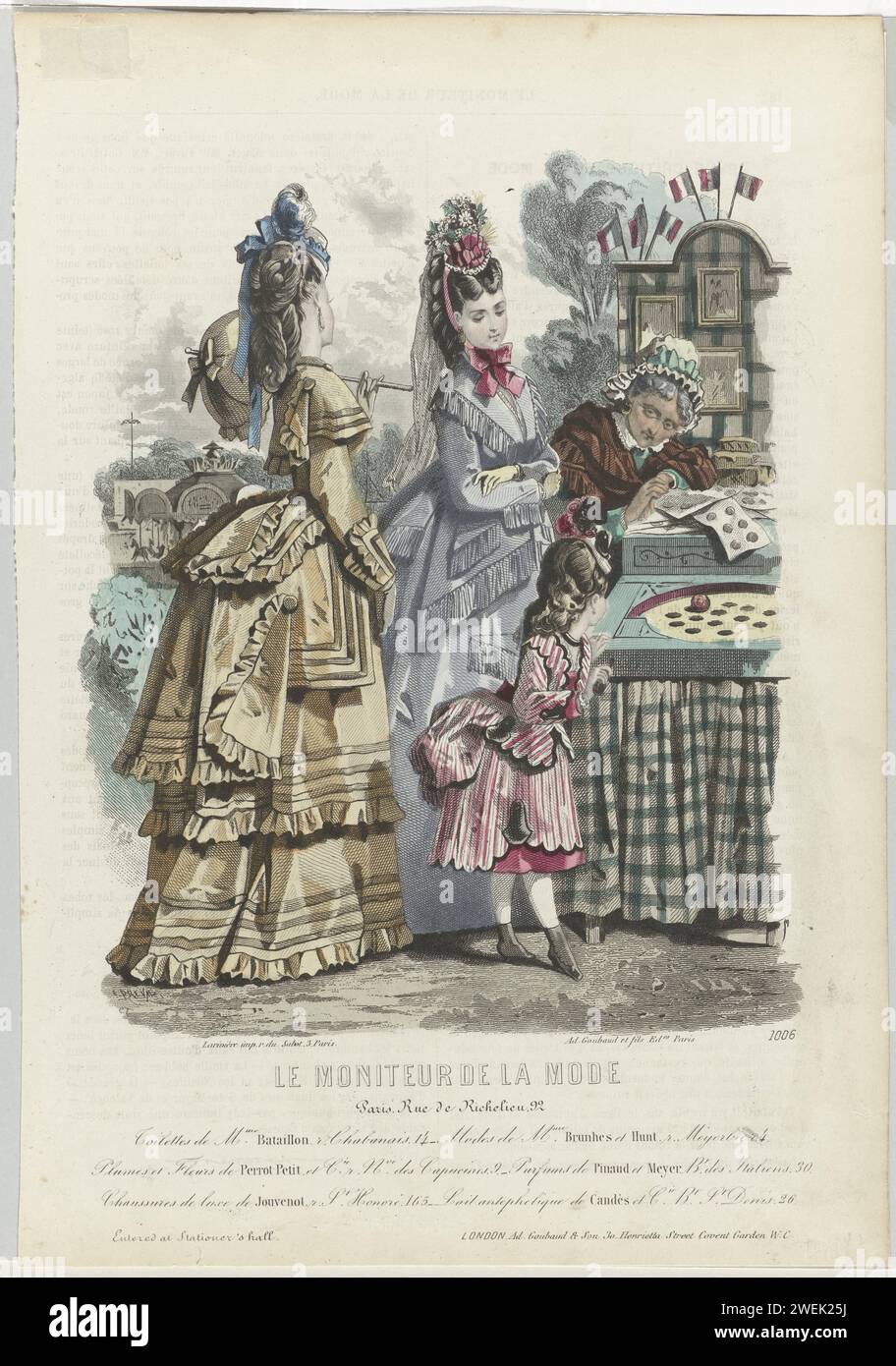 Le Moniteur de la Fashion, 1871, Nr. 1006: Toiletten von Mrs. Battalion (...), Emile Préval, 1871 zwei Frauen und ein Mädchen auf einer Messe, gekleidet in Bataillon-Kleidern mit Tournure. In der Beschriftung befinden sich einige Zeilen mit Werbetext für verschiedene Produkte. Druck aus dem Modemagazin Le Monitor de la Mode (1843-1913). Papiergravur von Modetafeln. Kopfbedeckung (+ Damenkleidung). Kleid, Kleid (+ Damenkleidung). Sonnenschirm, Sonnenschirm (+ Damenkleidung). Stiefel (+ Mädchenkleidung). Kopfbedeckung (+ Mädchenkleidung). Kleid, Kleid (+ Mädchenkleidung). Ohrringe (+ Damenkleidung). karussell, Kreisverkehr Stockfoto