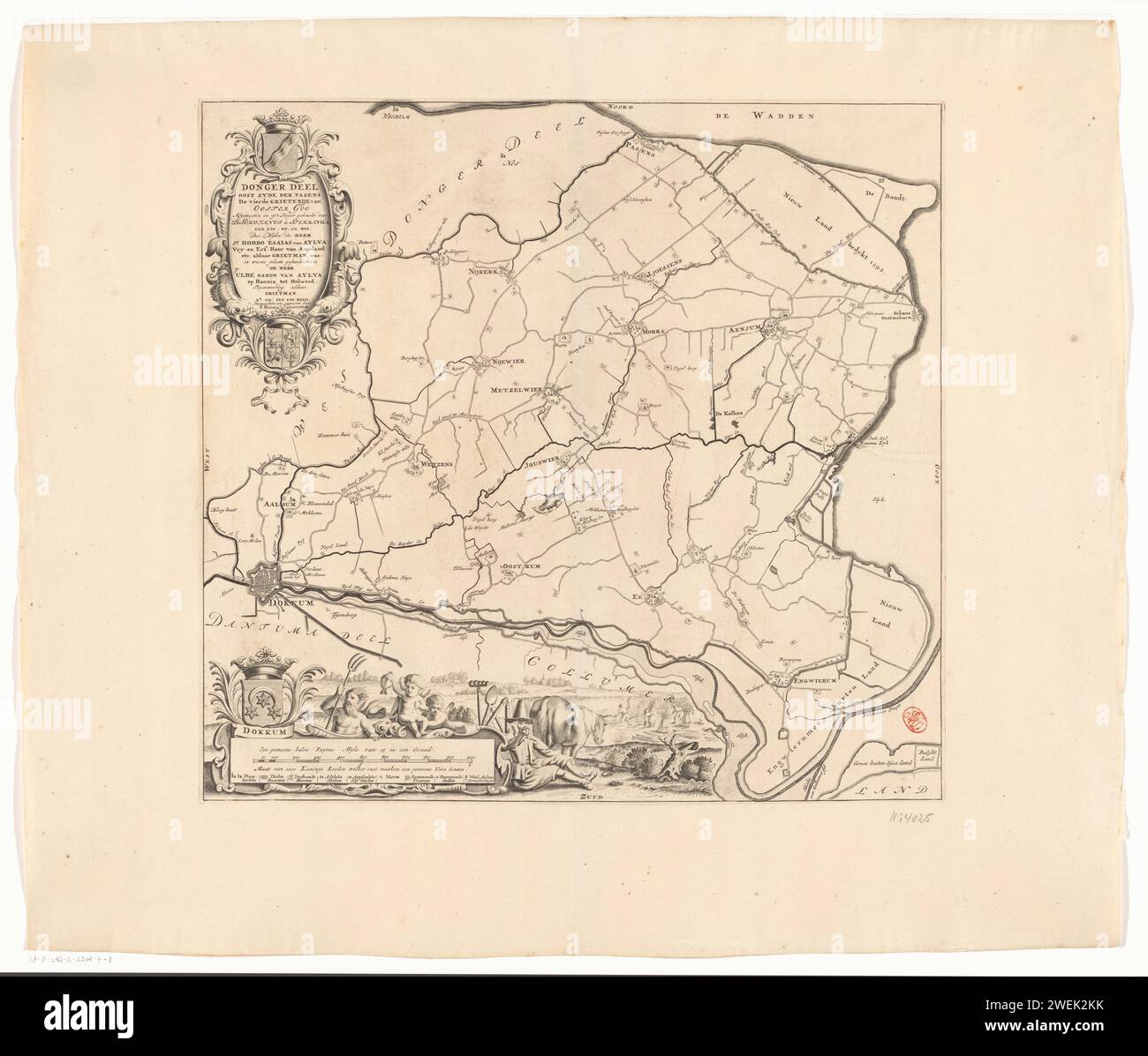 Karte der Grietenij Oostdongeradeel, 1718 Druck oben links Cartouche mit Titel, administrative Informationen über die Grietenij und die Waffen von Oostdongeradeel und von Grietman Jonker Ulbe Baron von Aylva. Kartusche unten links mit Legende und Schüssel: Eine gemeinsame Hälfte Duytze Myle von 15 in einem Grad - Größe von 1000 Konings Rods Welker 1200 Maaken eine gemeinsame uire Rangs. Um die Waffe der Stadt Dokkum, Neptun, zwei Putten und ein Bauer. Papiergravur/Ätzen von Karten von verschiedenen Ländern oder Regionen. Wappen (als Symbol des Staates usw.). (Geschichte) Neptun (Poseidon). Farmers Pommes Stockfoto