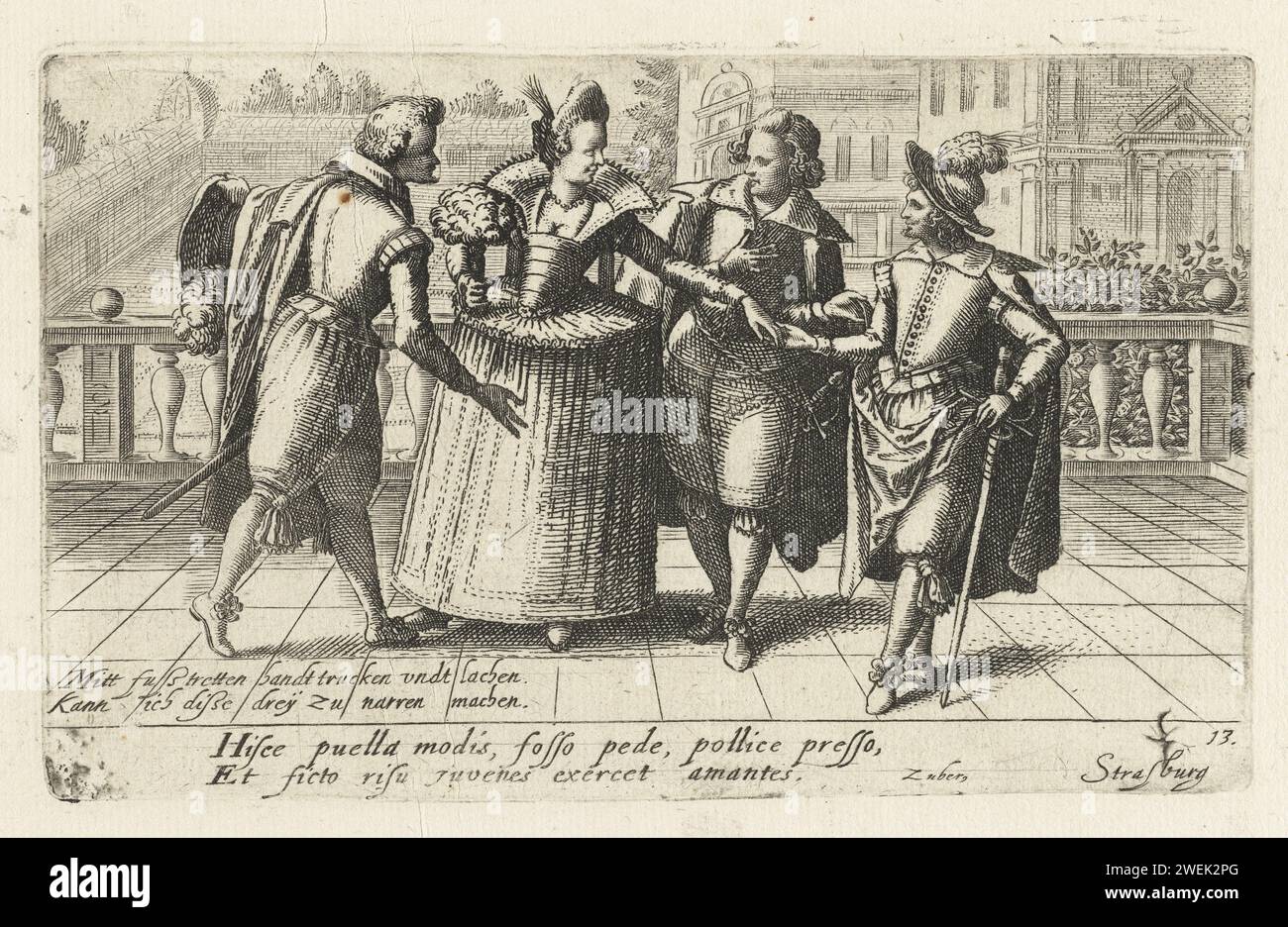 Drei Männer und eine Frau stellen ein deutsches Sprichwort dar, Jacob van der Heyden, 1608, nummeriert unten rechts: 13. Mit Unterschrift in lateinischer und deutscher Sprache. Vorstellungskraft des deutschen Sprichworts, das vor der Frivolität der Frau warnt: 'mit fuß Treten, Handrücken und Laugh, Ik sie alle drei zu ferschen. Papiergravur Sprüche, Sprüche usw. Moral. Album Amicorum, Stammbuch. Balkon Stockfoto