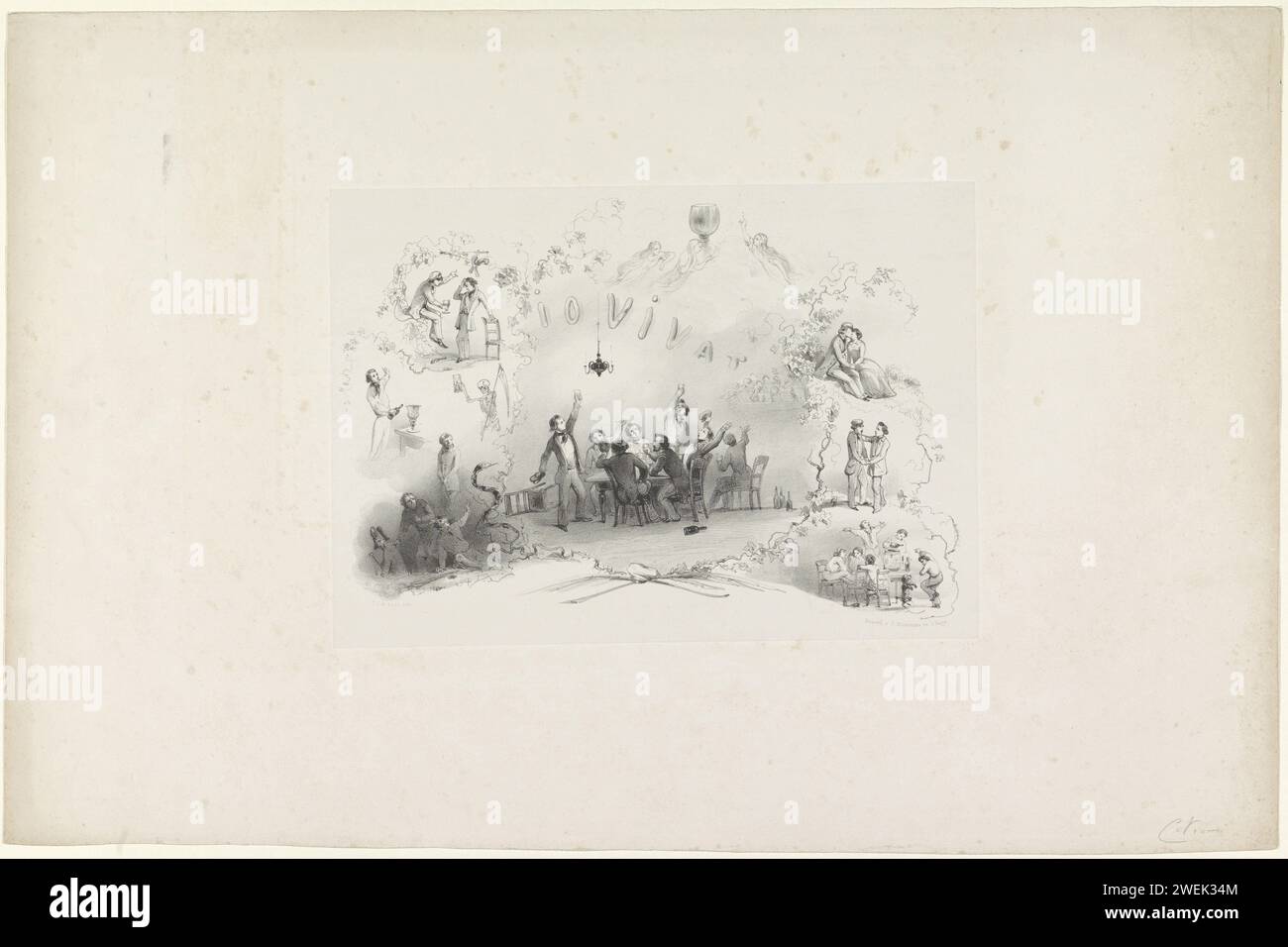 Cartoon aus Leiden Student Almanac, 1849, 1849 Print Cartoon aus dem Student Almanach der Universität Leiden des Jahres 1849. Eine singende Studentenfirma unter der Inschrift „IO Vivat“, umgeben von kleinen Aufführungen aus dem Studentenleben. . Studentenleben Leiden Stockfoto