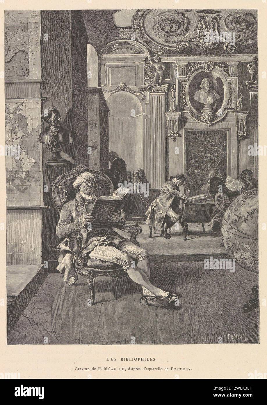 Leser in einer Bibliothek, Fortune Louis Méaulle, nach Mariano José Maria Bernardo Fortuny Y Carbó, 1850–1900 gedruckte Leser in einem Innenraum, möglicherweise in der Bibliothek Mazarine. Im Vordergrund steht ein Mann mit einem Buch auf einem Stuhl. Schräg vor ihm ist ein Globus. Text auf Verso. Öffentliche Papierbibliothek. Buch. Messwert Stockfoto