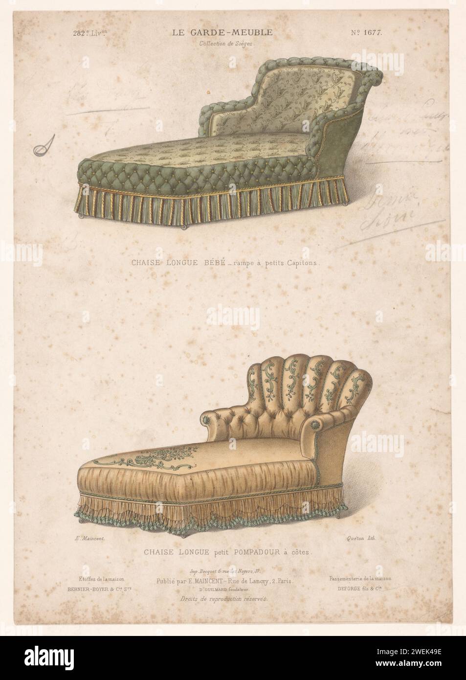 Twee Long Chair, Quéton, 1885 - 1895 Print Twee Long Chair. Nehmen Sie die 282. Lieferung an. Papiermöbel Stockfoto