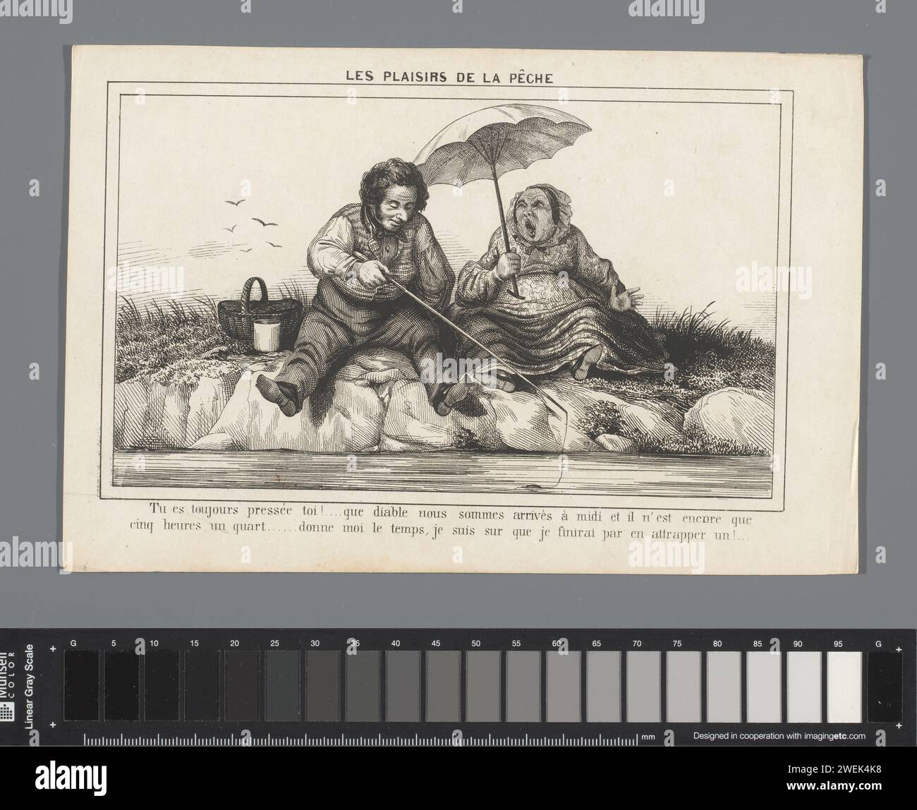 Angel-Paar, anonym, ca. 1840 Printmann und Frau sitzen am Wasser sitzend. Mit Bildunterschrift auf Französisch. Loser Druck in einem Ordner mit Comic-Auftritten. Papierwinkelung Stockfoto