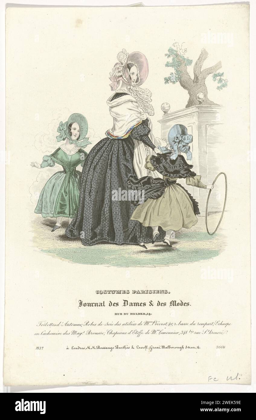 Journal of the Ladies and Moden, Pariser Kostüme, 1837, (3506): Herbsttoiletten (...), 1837 Eine Frau und zwei Mädchen in einem Park, von denen eines mit Korb in der Hand. Sie tragen im Herbst 'Toiletten'. Nach der Bildunterschrift: Seidenkleider aus den Studios von Prévost. Kaschmirschal aus dem Brousse-Laden. Lofel-Hüte aus Stoff, von Mme Lemonnier. Der Druck ist Teil des Modemagazins Journal des Dames et des Modes, Paris, 1797–1839. Papiergravur von Modetafeln. Kleid, Kleid (+ Damenkleidung). Kopfbedeckung (+ Damenkleidung). Kleidung für den oberen Teil des Körpers (SCHAL) (+ Damenklumpen Stockfoto