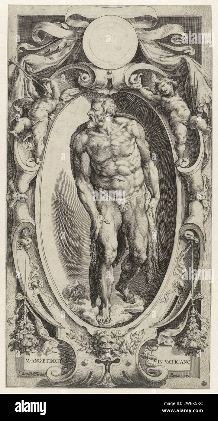 Johannes de doper in een Cartouche, Cherubino Alberti, nach Michelangelo, 1591 Druck Johannes der Täufer steht in einer reich verzierten Kartusche mit zwei Putten, von denen einer auf eine Trompete bläst. Über einem leeren Kreis und einer Banderole. Unten neben dem lateinischen Kartuschentext. Papierstich Johannes der Täufer; mögliche Attribute: Buch, Schilfkreuz, Taufbecher, Wabenwabe, Lamm, Personal. Cupiden: 'amores', 'amoretti', 'Putti' Sixtinische Kapelle (Vatikan) Stockfoto