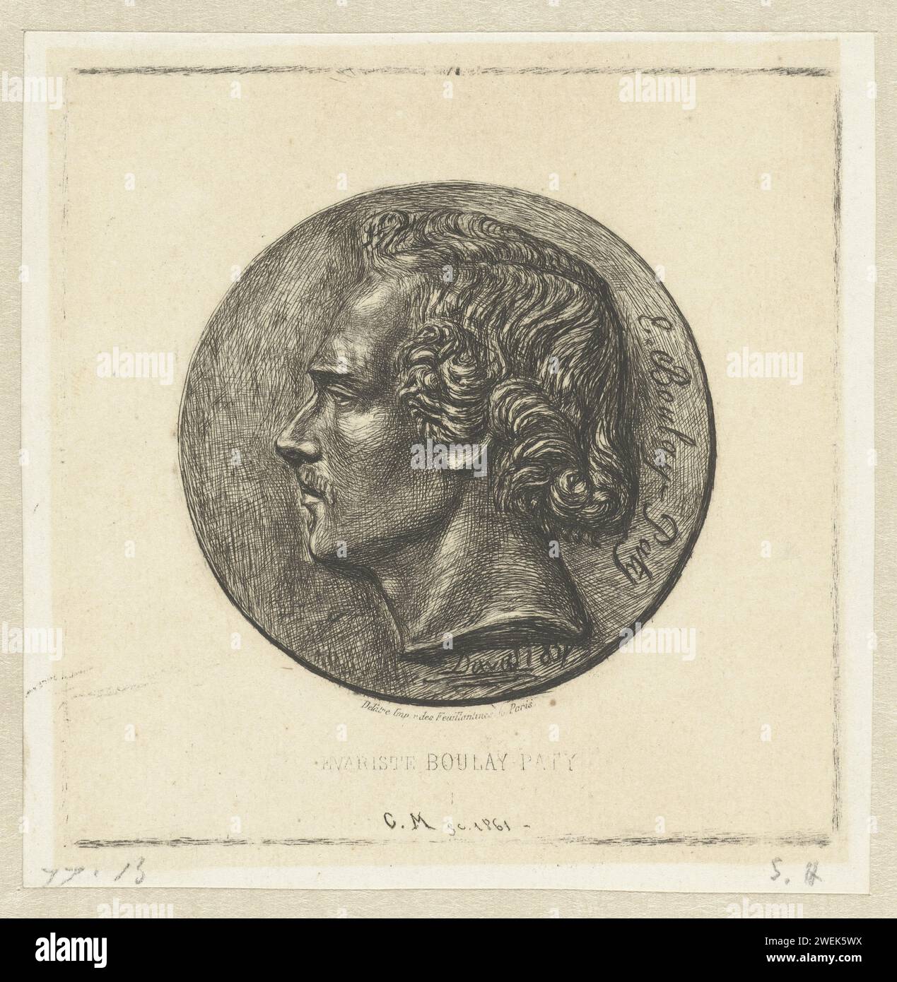 Porträt des Dichters Evariste Boulay-Paty auf Bronzemedaillon, Charles Meryon, nach Pierre Jean David d’Angers, 1861 Druck Porträt des Dichters Evariste Boulay-Paty im Relief auf Bronzemedaillon des Künstlers Pierre Jean David d’Angers. Die Signatur des Bildhauers Daum zeigt, dass dieses Bild 1837 hergestellt wurde. Der Name der dargestellten Person steht direkt neben dem Kopf. Mit dichten Lichtbögen hat Meryon die dunkle, weiche, glänzende Metalloberfläche gezeigt. Papierätzung / Trockenpunktporträt eines Schreibers. Medaille (gilt als Skulptur, unabhängig von ihrer spezifischen Funktion) Stockfoto