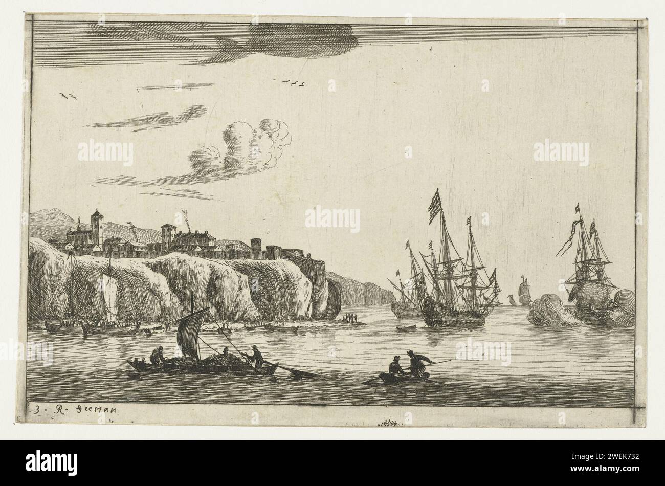 Hafen mit einem Dorf auf einer Klippe, Reinier Nooms, 1656 Print Haven Szene mit einer Anzahl von kleinen Booten und drei großen Segelschiffen. Ein Dorf an der Klippe an der Küste. Papier zum Ätzen von Küstenklippen oder Felsen. hafen. Dorf Stockfoto