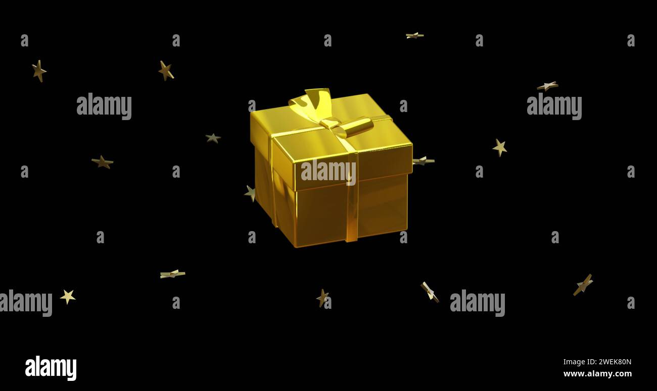 Goldenes weihnachtsgeschenk mit goldenen Sternen auf schwarzem Hintergrund Stockfoto