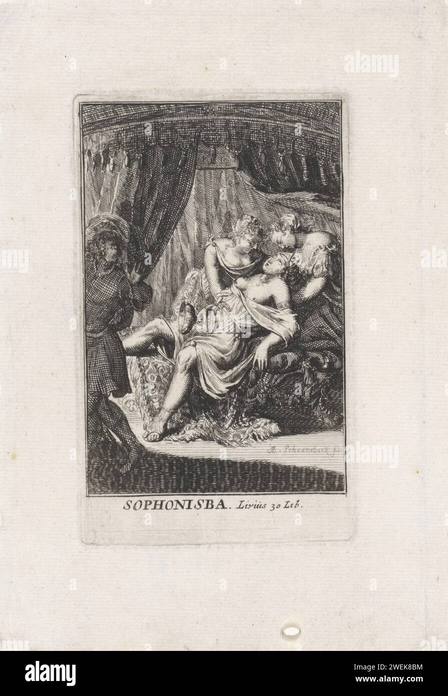 Tod von Sophonisba, Adriaen Schoonebeek, 1694 Druck Sophonisba hat den Giftbecher in der Hand und fällt sterbend auf ihr Bett zurück. Sie wird von zwei Dienern unterstützt. Unter dem Druck ein Verweis auf die entsprechende Passage in Livius. Der Tod von Sophonisbe: Sie erhält von einem Diener einen Becher Gift, der ihr von Masinissa geschickt wurde Stockfoto