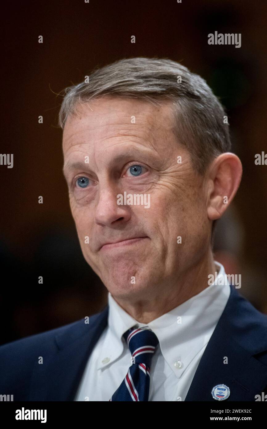 Washington, Usa. Januar 2024. Andrew William Plitt erscheint vor einer Anhörung des Senatsausschusses für auswärtige Beziehungen für seine Ernennung zum stellvertretenden Administrator der United States Agency for International Development im Dirksen Senate Office Building in Washington, DC, USA, Donnerstag, 25. Januar. 2024. Fotokauf Rod Lamkey/CNP/ABACAPRESS.COM Credit: abaca Press/Alamy Live News Stockfoto