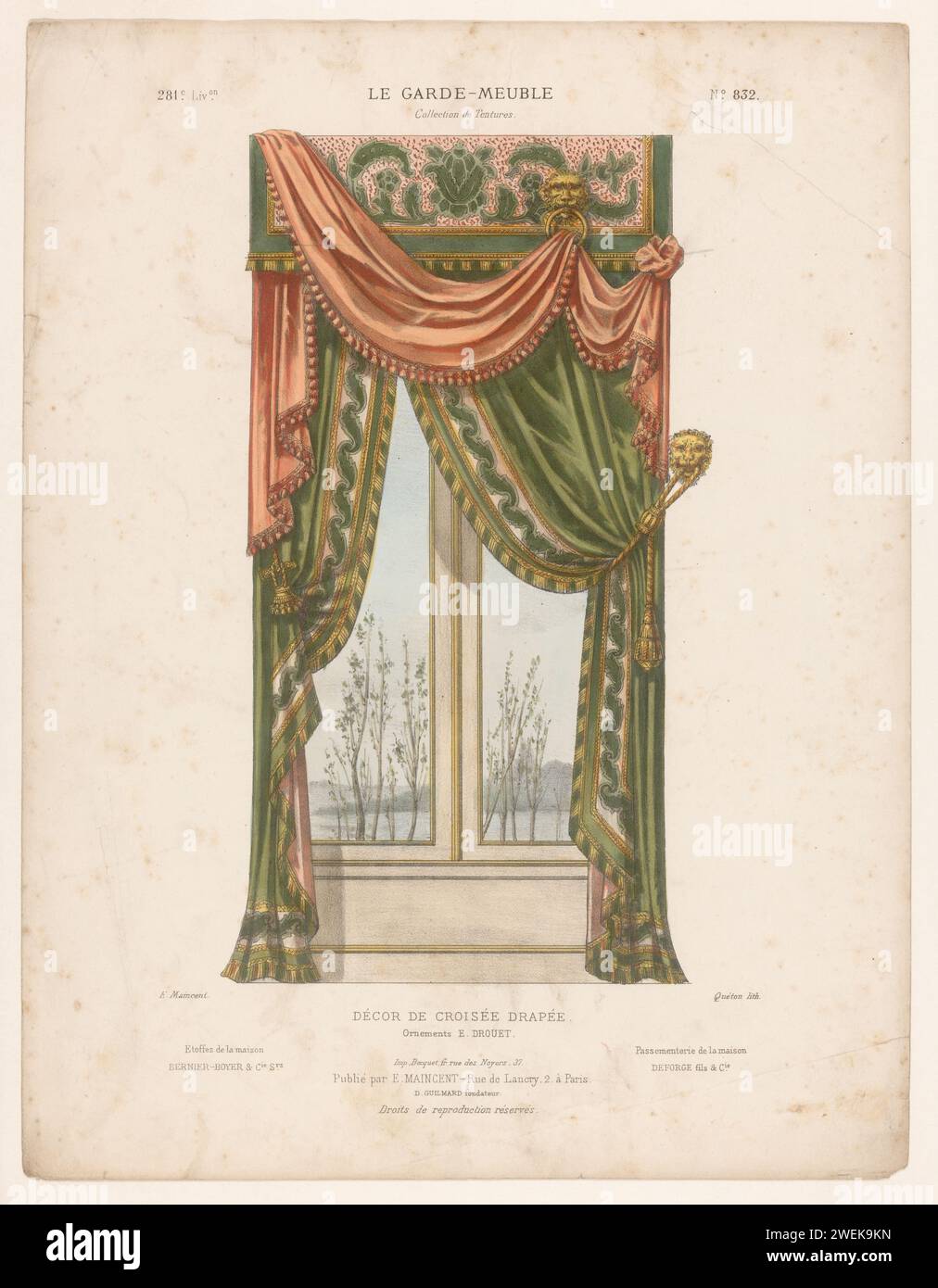 Fenster mit Vorhängen, Quéton, nach Eugène MAINCEN, ca. 1885 - ca. 1895 Druck Kreuzfenster mit Vorhängen. Drucken von 281. Livraison. Papierbehänge und Vorhänge. Fenster Stockfoto