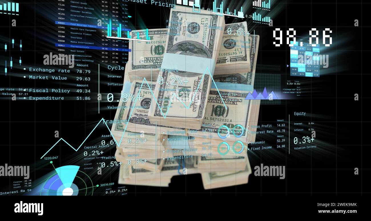 Bild der Verarbeitung von Finanzdaten über us-Dollar-Scheine Stockfoto