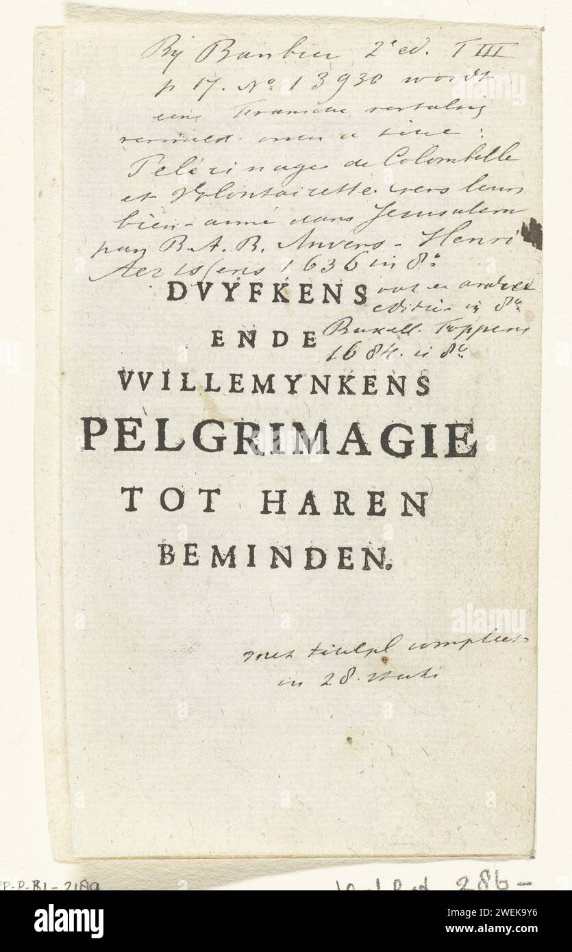 Rahmen mit Titel- und Blattschmuck und zwei Pilgerinnen, Boëtius Adamsz. Bolswert, 1638 Druck Rahmen mit Titel und lockigen Blattornamenten und zwei Frauen, die Hauptfiguren Duyfken und Willemynken, gekleidet als Pilger auf den Ornamenten sitzen. Auf einem losen Magazin befindet sich der sogenannte französische Titel, eine kurze Version des Titels auf der Titelseite. Papiergravur Pilger Stockfoto