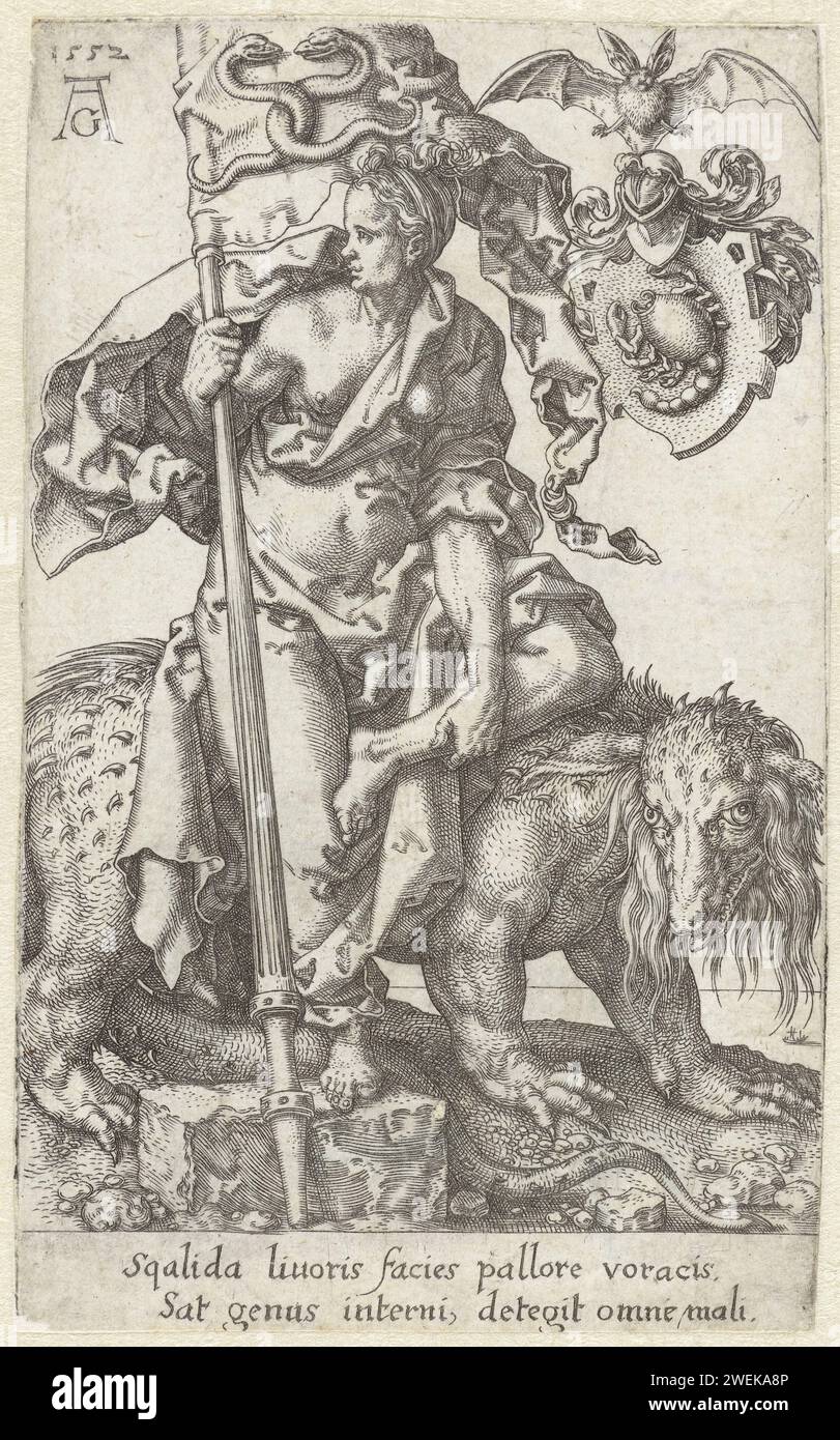 Enious, Heinrich Alentfver, 1552 Nachahmung des Neides. Frau, die auf einem Monster sitzt, in ihrer rechten Hand ein Banner mit einem Bild von zwei Schlangen. Oben rechts ein Wappen mit einem Skorpion, darüber eine Fledermaus. Unter wird ein zweizeiliger Text in lateinischer Sprache angezeigt. Zweiter Druck aus einer Serie von sieben. Papierstich Envy; 'Invidia' (Ripa)  Personifizierung einer der sieben tödlichen Sünden Stockfoto