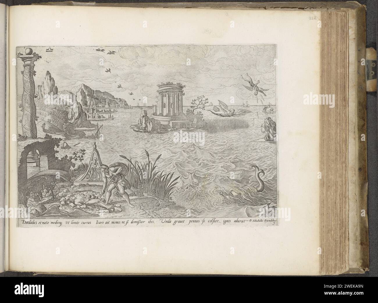 Diese puus und itars, 1653 -1544 gedruckt Daedalus und Ikarus, Vater und Sohn, flohen von der Insel Kreta mit Flügeln, die an ihren Schultern befestigt waren. Ikarus fliegt zu hoch, wodurch die Sonne die Wäsche schmilzt. Rechts der Fall von Ikarus. Ein Meeresungeheuer schwimmt im Meer. Daedalus begräbt seinen Sohn Ikarus links im Vordergrund. Unter der Aufführung ein Text aus den Metamorphosen des Ovidius, Buch 8, Versregel 203–205. Oben das Zeichen der Skalen vom Tierkreiszeichen. Der Ausdruck ist Teil eines Albums. Papierätzlibra (Zodiakalzeichen September). Der Flug von Daedalus und Ica Stockfoto