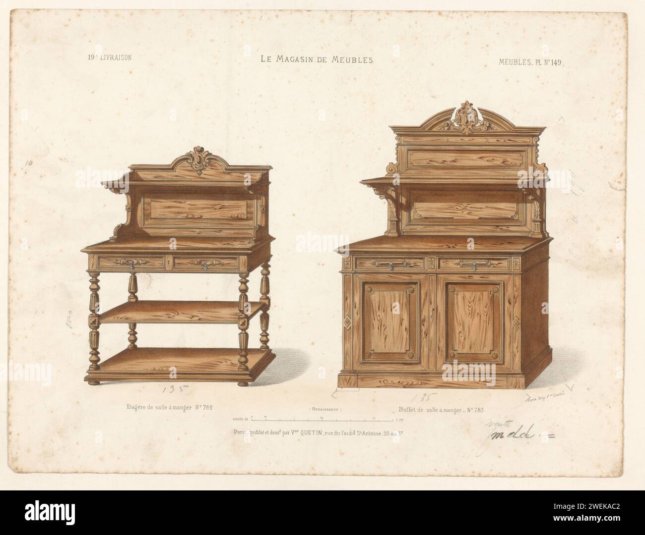 Schrank und Buffet Cabinet, Anonym, nach Victor Joseph Quétin, 1832 - 1877 drucken Einen offenen Renaissance-Schrank und niedrigen Buffet-Schrank, der für einen Speisesaal bestimmt ist. Drucken aus dem 19. Livraison. Papiermöbel zur Aufbewahrung Stockfoto