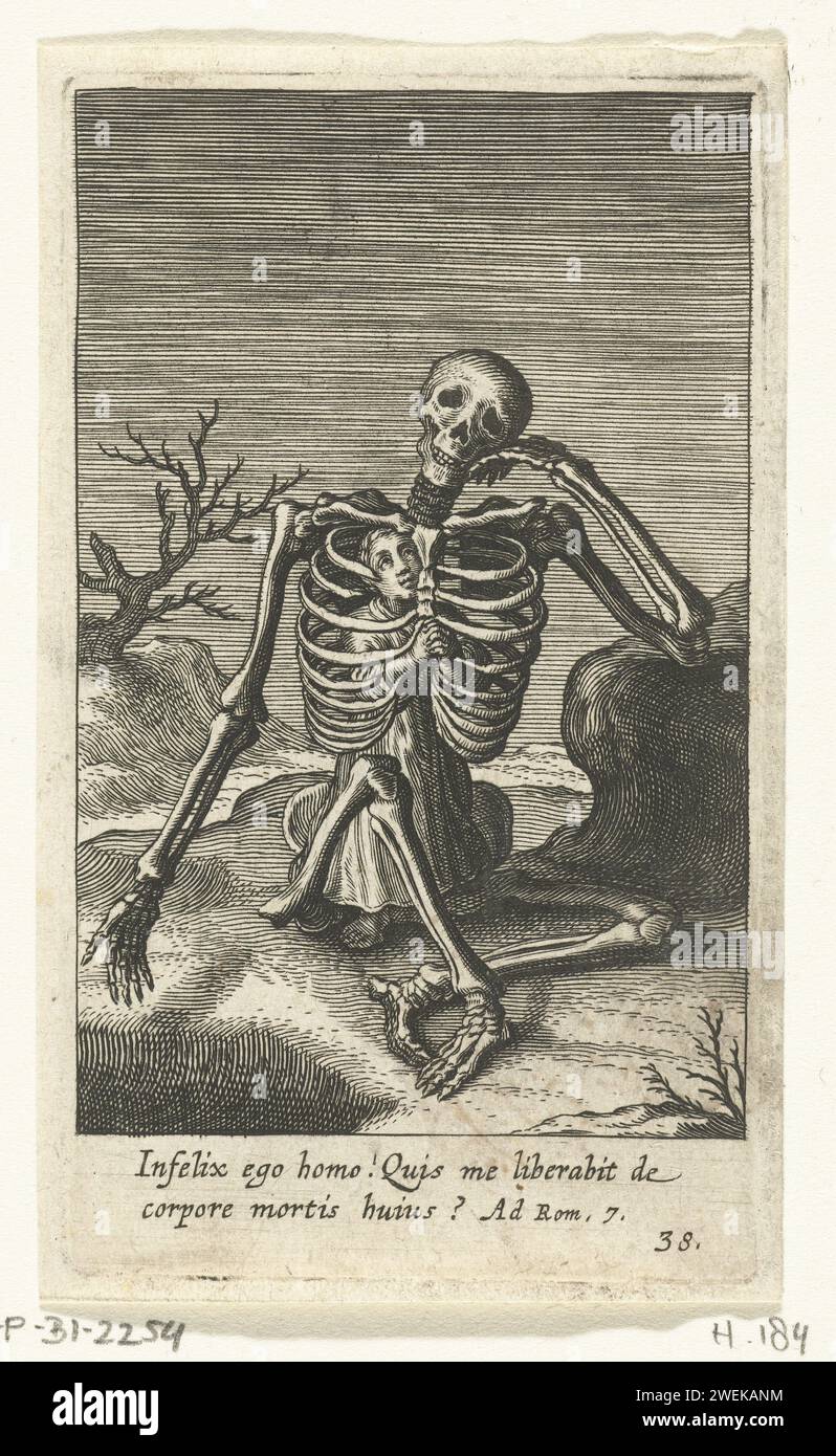 Kind im Skelett krabbelte, Boëtius Adamsz. Bolswert, 1624 Druck Ein Kind kroch in das sitzende Skelett des Todes, sie steht mit gefalteten Händen im Gebet zwischen den Rippen in der Brust. Papiergravur Tod als Skelett Stockfoto Kind im Skelett krabbelte, Boëtius Adamsz. Bolswert, 1624 Druck Ein Kind kroch in das sitzende Skelett des Todes, sie steht mit gefalteten Händen im Gebet zwischen den Rippen in der Brust. Papiergravur Tod als Skelett Stockfoto