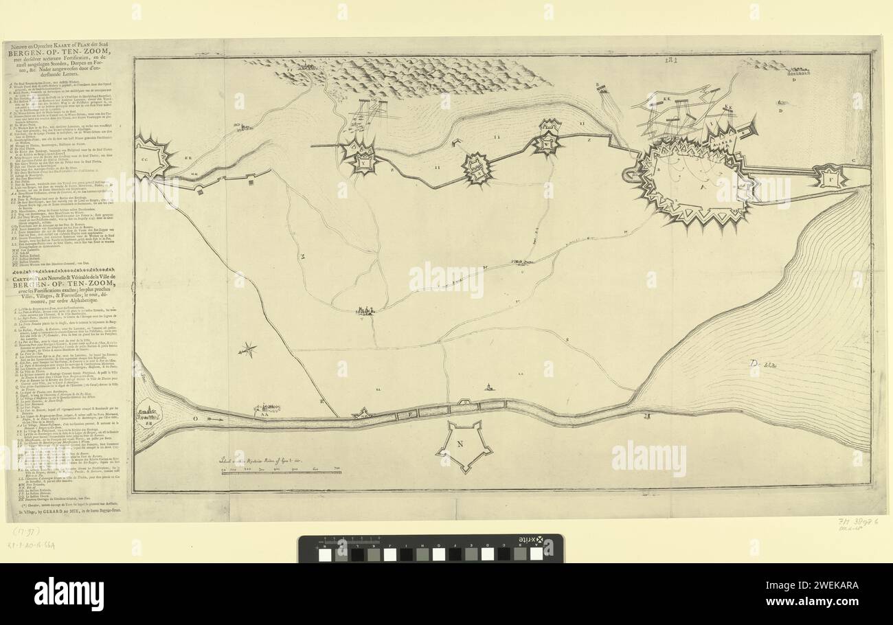 Karte mit den Verstärkungen für Bergen op Zoom und Forts in the area, Anonym, 1747 drucken Karte mit der Belagerung der Stadt Bergen op Zoom durch die französische Armee unter General Löwenthal begann am 12. Juli 1747. Karte mit den Verstärkungen rund um die Stadt und mit den Vierteln am Fuße der Schelde. Später heißt es im Magazin links neben dem Album die Legenden A-RR auf Niederländisch und Französisch. Papiergravur/Buchdruck von Karten verschiedener Länder oder Regionen. Belagerung, Position war Bergen op Zoom Stockfoto