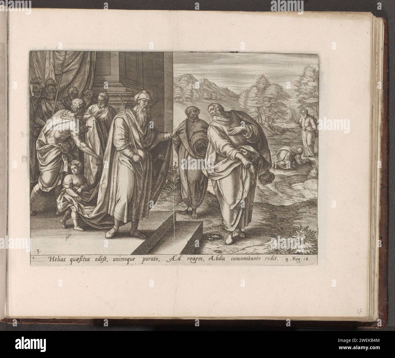 Elia zum zweiten Mal mit König Achab, 1579 Druck der Prophet Elia wurde von Obadja, dem Steward des Königs Ahab, zum König gebracht; dies ruft Elia mit den Worten an: "Bist du, Elia? Du, wer hast Israel in den Unfall gebracht? Elia erklärt, dass der König selbst sein Volk in den Unfall gesteckt hat, indem er die falschen Götter anbetete. Im Hintergrund rechts sehen Sie, wie Obadja sich vor ihm verbeugte, sobald er Elijah erkannte. Unter der Show ist ein Hinweis auf den Bibeltext in 1 Kon in lateinischer Sprache zu sehen. 18. Print ist Teil eines Albums. Papierstich auf seinem Weg Obadiah trifft Elijah, der Kommandeur Stockfoto