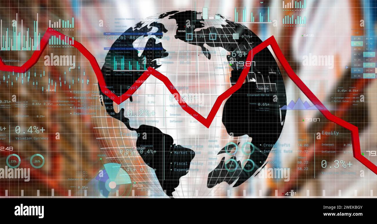 Bild der Verarbeitung von Finanzdaten über den Globus und das Warehouse Stockfoto