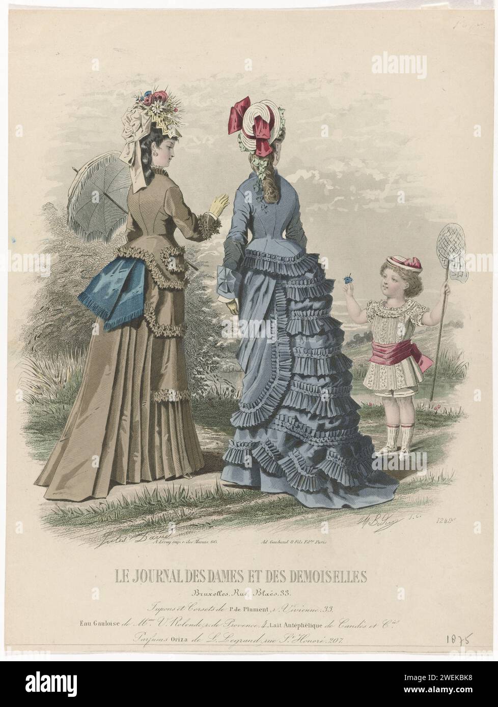 The Journal of Dames and Demoiselles, 1875, Nr. 1249.: Petticoats und Korsetts (...), 1875 zwei Frauen und ein Kind draußen, gekleidet in Wanderkleidung. Sie tragen eine Jacke über einem Kleid mit Rundhalsausschnitt und eine Jacke mit zerknittertem Stoff. Unter der Performance einige Zeilen von Werbetexten für verschiedene Produkte. Druck aus dem Modemagazin Journal des Dames et des Demoiselles (1841-1902). Papierstahl mit Gravur von Modetafeln. Kopfbedeckung (+ Damenkleidung). Kleid, Kleid (+ Damenkleidung). Sonnenschirm, Sonnenschirm (+ Damenkleidung). Handschuhe, Fäustlinge usw. (+ Damenkleidung). Kopfrad (+ Gi Stockfoto