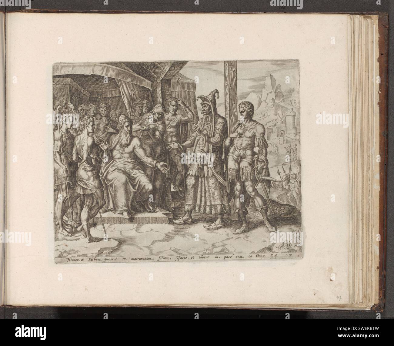Chamor und SiChem bitten Jakob um Dinas Hand, 1579 Druck SiChem und sein Vater Chamor kommen zu Jakob und bitten ihn, seine Tochter Dina mit SiChem zu heiraten. Jakob ist in seinem Zelt, umgeben von seiner Frau und zwölf Söhnen. Jakobs Söhne setzten die Bedingung, dass SiChem und sein Volk beschnitten werden müssen, weil sie ihre Frauen nur von beschnittenen Männern heiraten wollen. Am unteren Rand ist ein lateinischer Hinweis auf den Bibeltext in Gen. 34. Drucken ist Teil eines Albums. Hamor und Sichem kommen zu Jakob, dessen Söhne gerade von den Feldern gekommen sind, um Dinah in der Ehe zu bitten, die Söhne agr Stockfoto
