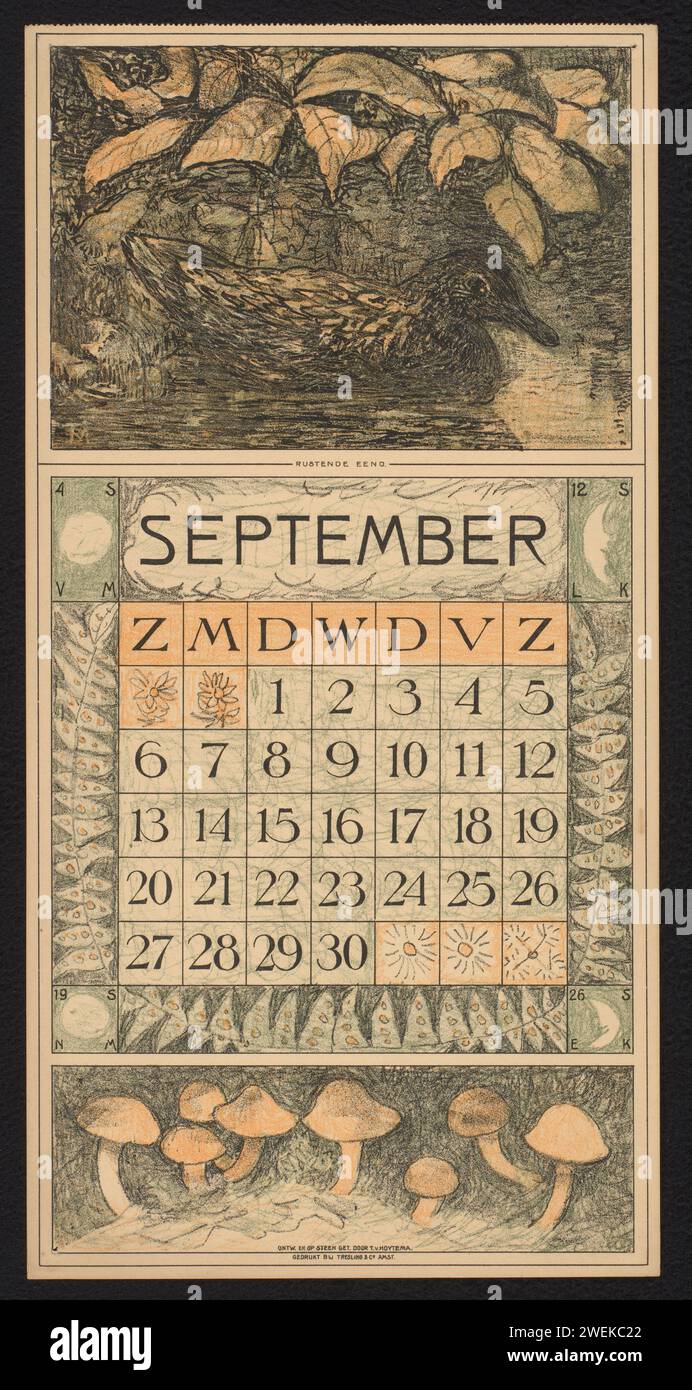 Kalendermagazin für September 1914 mit einer Ente auf dem Wasser, Theo van Hoytema, 1913 gedruckter Papierkalender, Almanach. Wasservögel: Ente Stockfoto