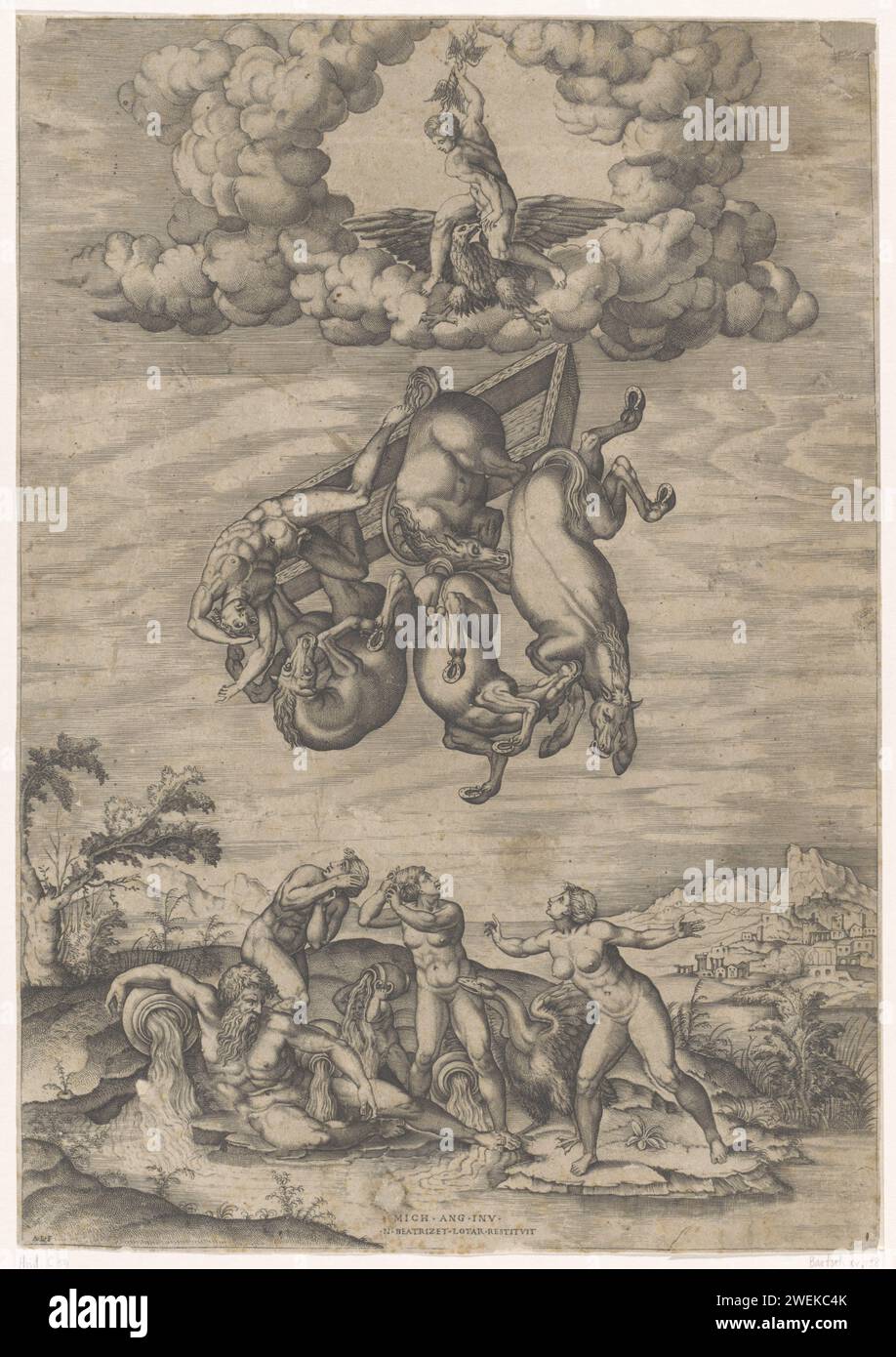 Val van Phaëthon, Nicolas Beatrizet, nach Michelangelo, 1525–1565 Druck Phaëthon fällt mit seinem Auto und seinen vier Pferden vom Himmel. Über Jupiter auf seinem Adler, der einen Blitz werfen wird. Unter einem Flussgott (Eridanus) und vier Bade-Nymphen. Papierätzung/Gravur Phaethon. Der Fall von Phaethon wird von einem Blitz des Jupiters getroffen Stockfoto