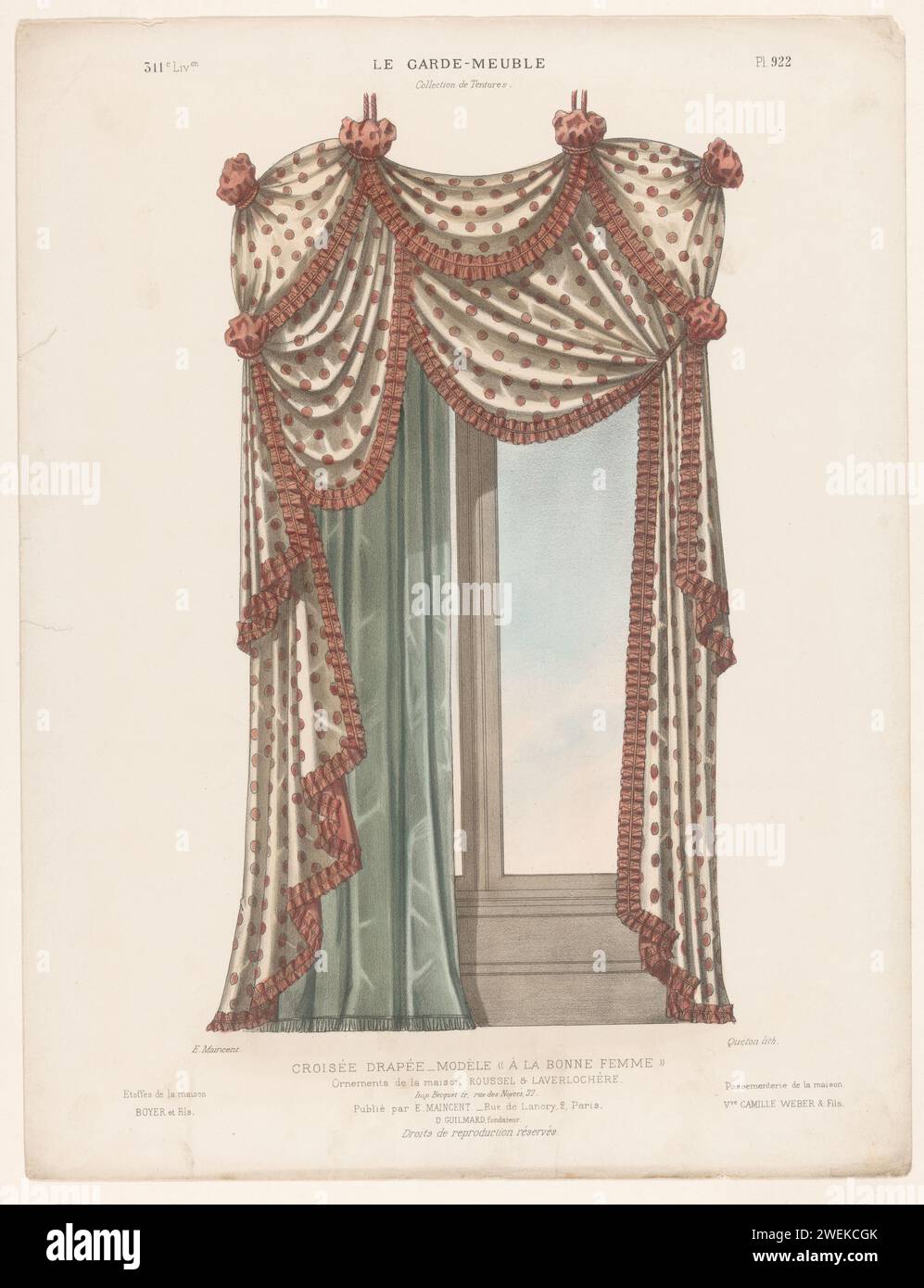 Fenster mit Vorhang, Quéton, nach Eugène MAINCEN, ca. 1885 - ca. 1895 Druck Kreuzfenster mit Vorhängen. Drucken von 311. Livraison. Papierbehänge und Vorhänge. Fenster Stockfoto