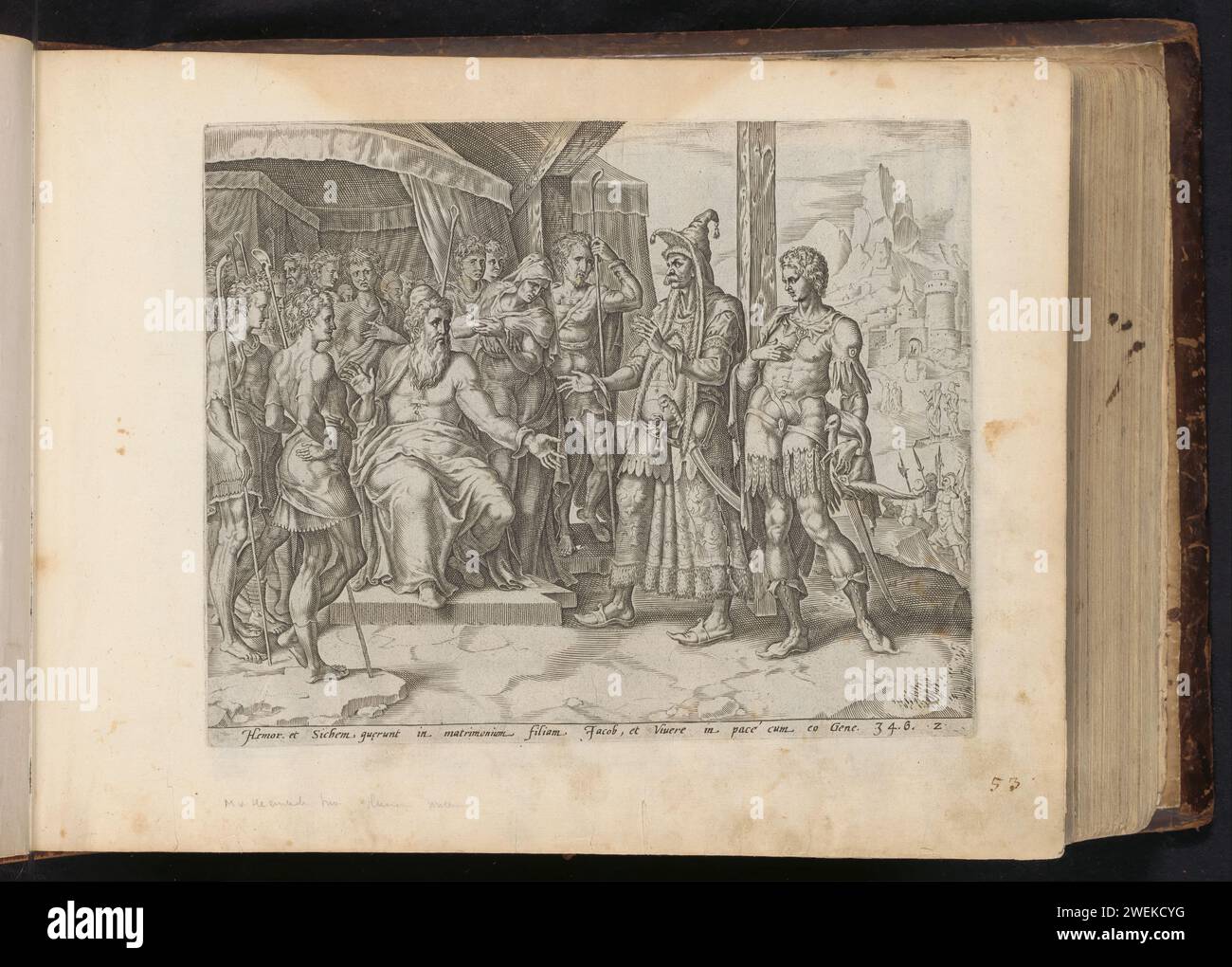Chamor und SiChem bitten Jakob um Dinas Hand, 1646 Druck SiChem und sein Vater Chamor kommen zu Jakob und bitten ihn, seine Tochter Dina mit SiChem zu heiraten. Jakob ist in seinem Zelt, umgeben von seiner Frau und zwölf Söhnen. Jakobs Söhne setzten die Bedingung, dass SiChem und sein Volk beschnitten werden müssen, weil sie ihre Frauen nur von beschnittenen Männern heiraten wollen. Am unteren Rand ist ein lateinischer Hinweis auf den Bibeltext in Gen. 34: 6. Dieser Ausdruck ist Teil eines Albums. Hamor und Sichem kommen zu Jakob, dessen Söhne gerade von den Feldern gekommen sind, um nach Dinah in der Ehe zu fragen Stockfoto