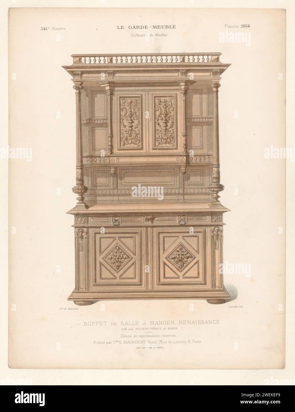 Büffelschrank, Léon Laroche, 1895 - 1935 Druck Ein Renaissance Büffelschrank, der für einen Speisesaal bestimmt ist. Druck von 341. Nummer (Livraison). Papiermöbel zur Aufbewahrung Stockfoto