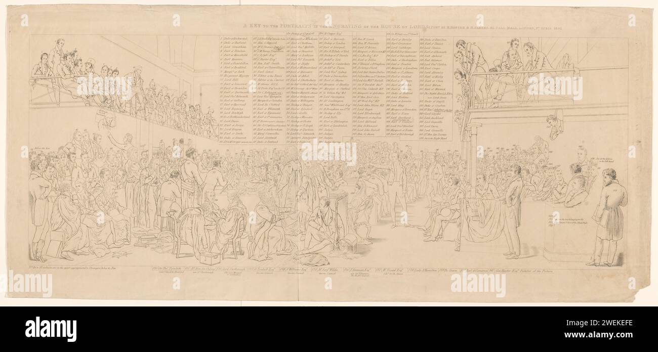 Schlüssel für den Druck der Gerichtssitzung gegen Königin Caroline van Brunswijk im Hogerhuis, 1820, Anonym, nach George Hayter (SIR), 1832 Print Schlüssel für den Druck eines Treffens der britischen Hogerhuis während der Gerichtssitzung gegen Königin Caroline van Brunswijk, 1820. Alle Figuren in Konturen, mit den Namen in der Legende 1-181. Er gehört zu John Charles Bromleys Druck zu dem Gemälde von George Hayter (nicht in der Sammlung). Papierätzung Oberhaus, Senat. Justizverwaltung, Gerichtsverfahren des Parlaments Stockfoto