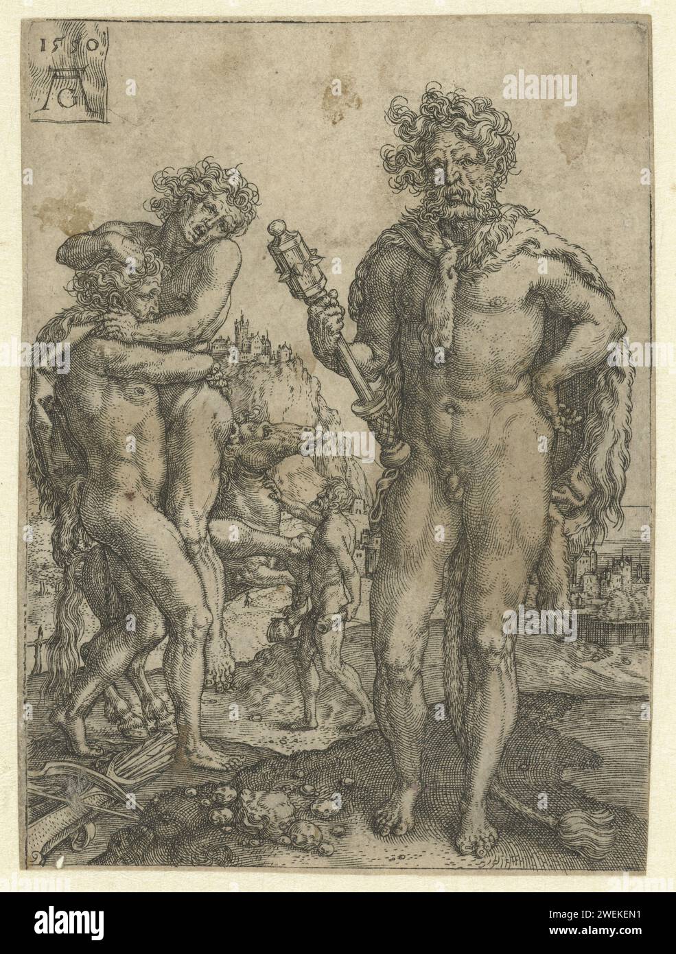 Hercules besiegt Antaeus, Heinrich Aldgrever, nach Anonymous, 1550 Druck Hercules, von vorne gesehen, stehend mit seinem Verein auf seiner rechten Seite. Außerdem wieder Herkules, der den Riesen Antaeus hebt, wodurch er seine Macht verliert. Dahinter ein Mann, der ein tanzendes Pferd aufhält. Sechster Druck aus einer Serie von 13 mit Werken von Herkules. Papiergravur der Riese Antaeus wird in die Luft gehoben und von Herkules zu Tode zerquetscht Stockfoto