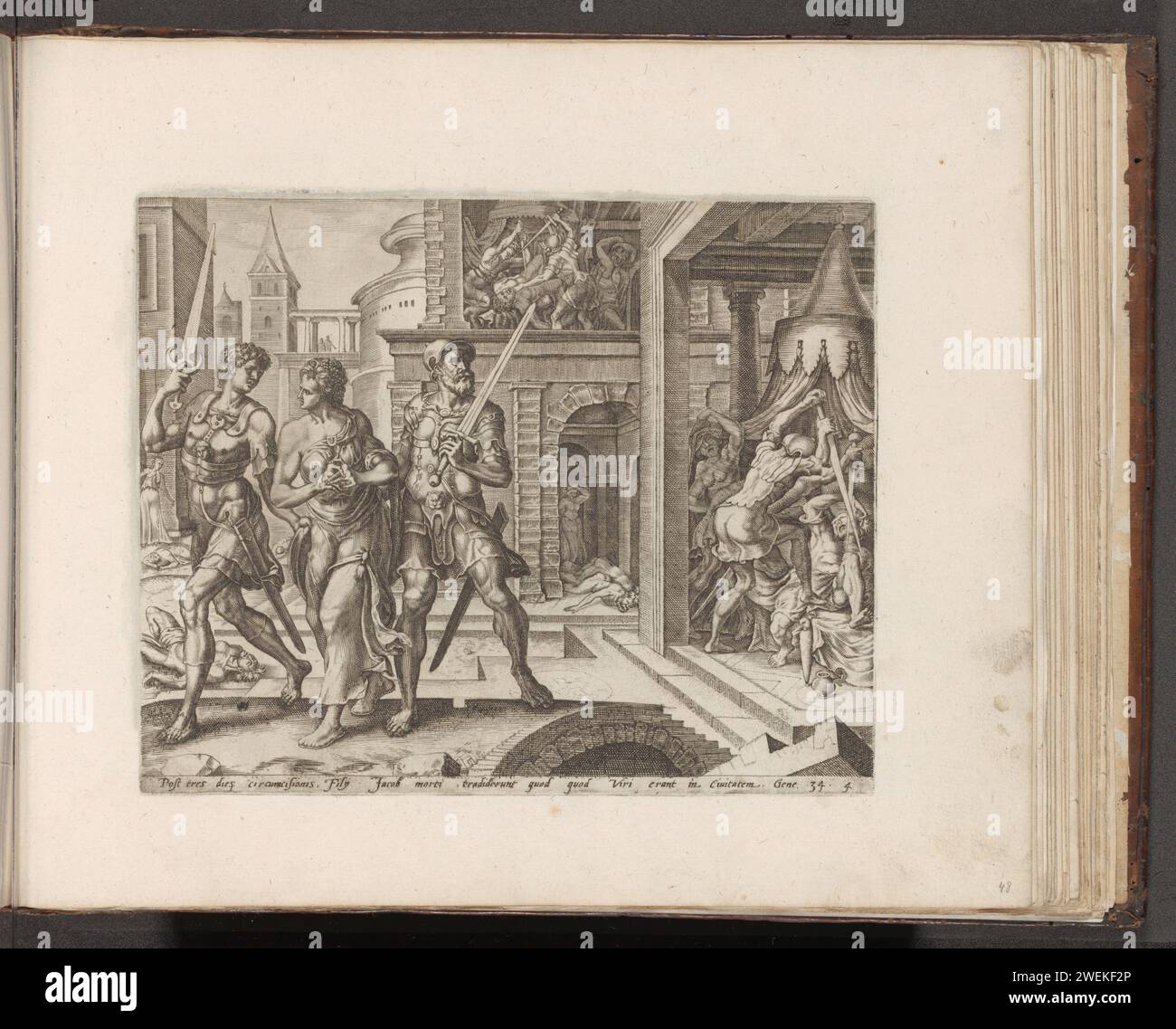 Simeon und Levi nehmen Dina nach Hause, 1579 Druck Simeon und Levi nehmen ihre Schwester Dina nach Hause, nachdem sie sich in SiChem rächen, die ihre Schwester beschrieben hatte. Im Hintergrund waren die SiChem-Brüder und seine Männer, die nach ihrer Beschneidung fieberhaft waren und sich nicht wehren konnten. Am unteren Rand ist ein lateinischer Hinweis auf den Bibeltext in Gen. 34. Drucken ist Teil eines Albums. Die Papierstiche Simeon und Levi töten alle Schechemiten und bringen Dinah nach Hause, während die anderen Brüder die Stadt plündern Stockfoto