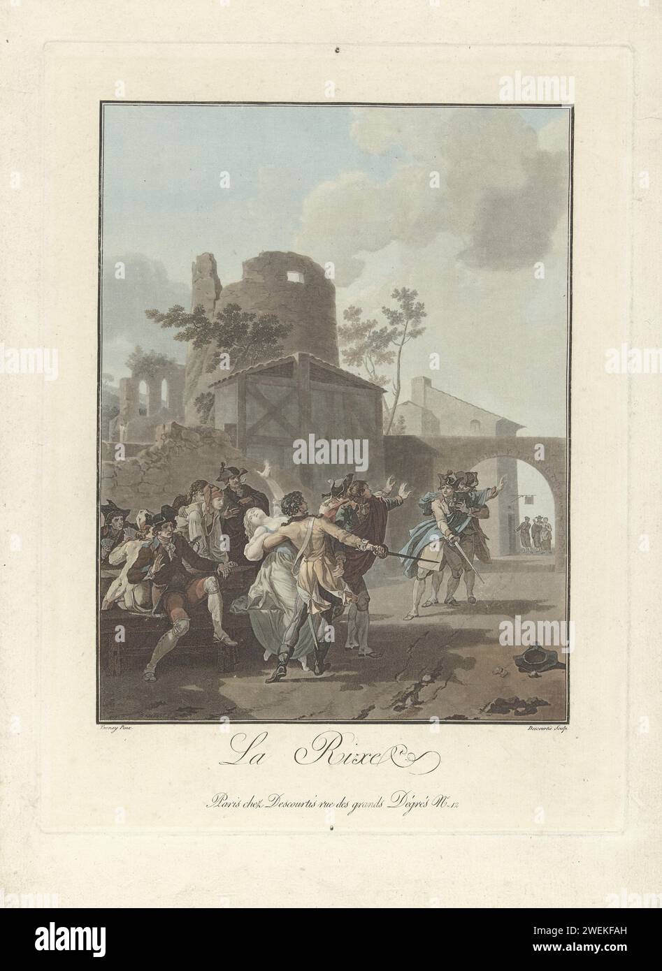 Ruzie, Charles Mechiior Discoursis, nach Nicolas Antoine Taunay, 1763–1820 auf einem Dorfplatz, werden zwei streitende Männer, beide mit einem Schwert in der Hand, getrennt gehalten. Ein Mann hat eine Frau. Eine kleine Gruppe von umstehenden Uhren. Papierkämpfe Stockfoto