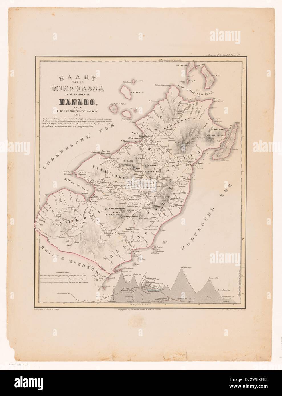 RP-P-2018-3282, Desiré Heyse, Pieter Baron Melvill van Carnbee, 1853 drucken MINASSA-Karte mit einer Grad-Verteilung um und einer Höhenkarte unten rechts. Papierkarten, Atlanten Manado Stockfoto