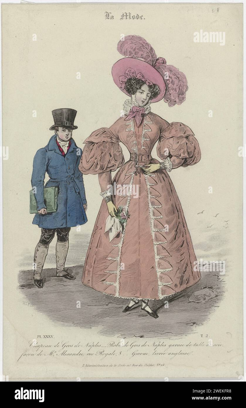 Mode, 1830, Pl. 35, T.2: Gros of Naples Hut (...), 1830 Gros de Naples Hut. Japon von 'Gros de Naples', dekoriert mit 'Tulle de Soie'. Weiteres Zubehör: Ceintuur mit Schnalle, Chatelaine (?), Armbänder um beide Handgelenke, Handschuhe, Taschentuch, flache Schuhe mit überkreuzten Reifen und Kantennasen. Loop Boy in einer Livrei oder „livrée anglaise“. Druck aus dem Modemagazin La Mode (1829-1855). Papierstahl Gravur / Ätzen Modeteller. Kleid, Kleid (+ Damenkleidung). Kopfbedeckung: Hut (+ Damenbekleidung). Kopfbedeckung: Hut (+ Herrenkleidung). Nackenbekleidung  Kleidung (+ Herrenbekleidung). Gerinnsel Stockfoto