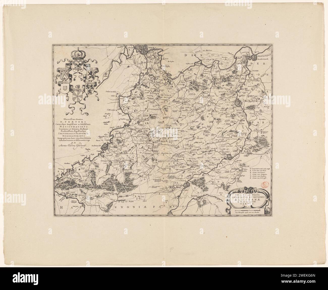 Landkarte van Aalst, Anonym, 1644 drucken Landkarte van Aalst, eine Region rund um die Stadt Aalst. Unten rechts die Titelkartusche mit einer Schüssel unten: Eine Vlaemsche Myle mit 1000 Stäben. Über einer Legende von oben links die Waffe des Heiligen Römischen Reiches, mit den Waffen der fünf Baronien, die das Land Aalst beinhalteten: Schorisse, Boelare, Zottegem, Gavere und Rode. Papier zum Ätzen/Gravieren von Karten von verschiedenen Ländern oder Regionen. Wappen (als Symbol des Staates usw.) (+ Provinz; Provinz) Aalst. Land van Aalst. Rijks-Vlaanderen Stockfoto