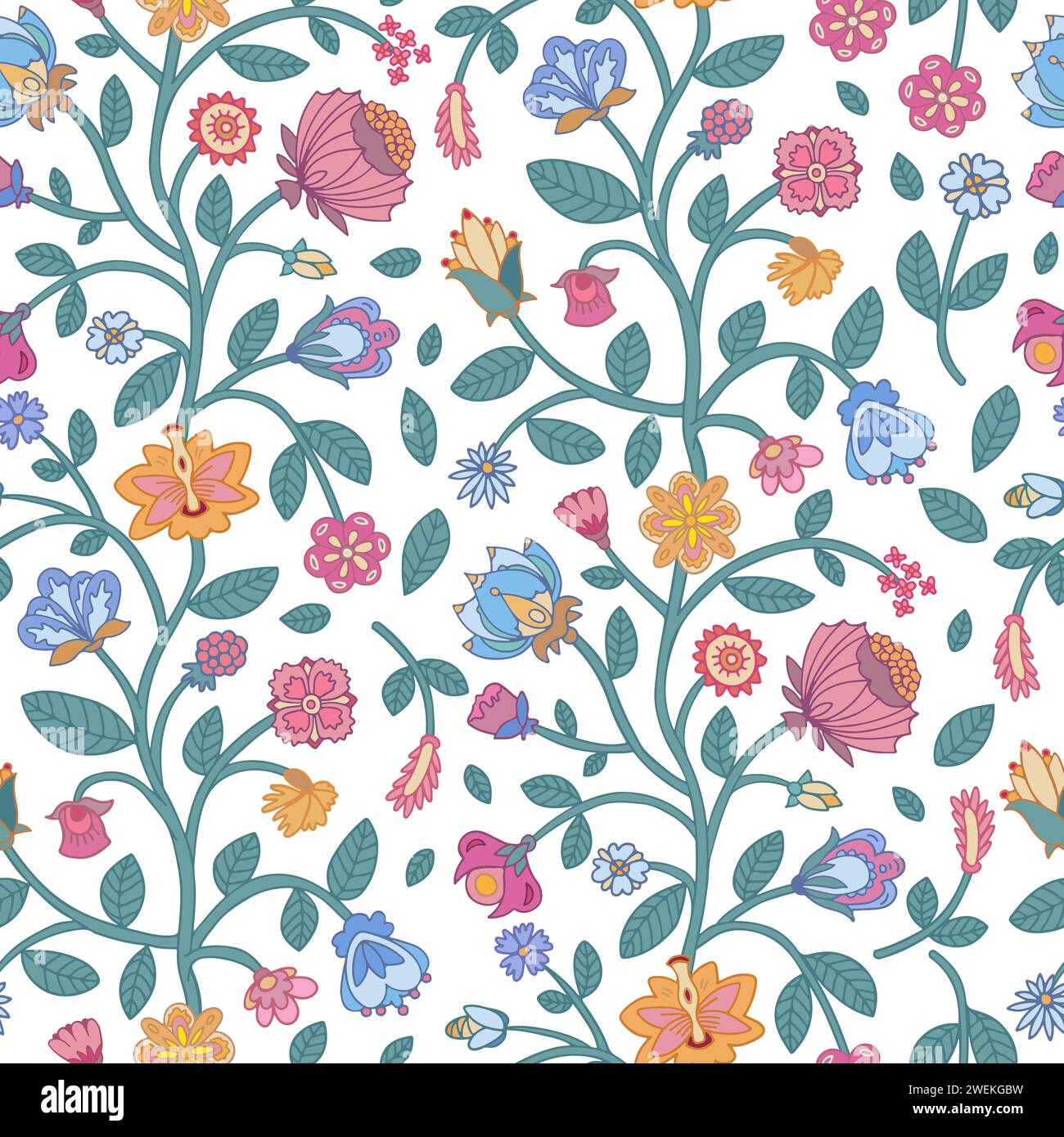 Mehrfarbiges nahtloses Blumenmuster auf weißem Hintergrund. Indisches Blumenmuster. Stock Vektor