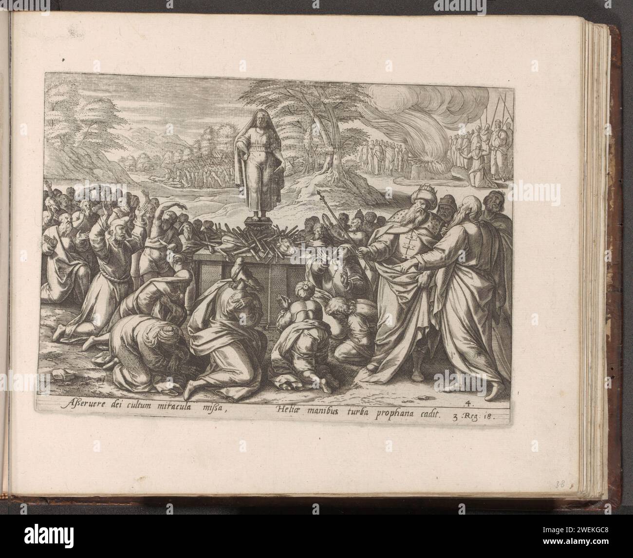 Elia und die Propheten von Baal, 1579 drucken die Baalpriester schreien und tanzen um ihren Altar, rufen den Gott Baal an und beten ihn um Feuer für das Brandopfer. König Ahab ist am Altar. Im Hintergrund rechts betet Elia zu seinem Gott in seinem Brandopfer, das vom Feuer des Himmels entzündet wird. Im Hintergrund links werden die Propheten von Baal nach diesem Vorfall getötet. Unter der Show ist ein Hinweis auf den Bibeltext in 1 Kon in lateinischer Sprache zu sehen. 18. Print ist Teil eines Albums. Ein Altar wird von den Baal-Anbetern aus Papier gegraviert und ein Stier darauf gelegt, alle Priester Stockfoto