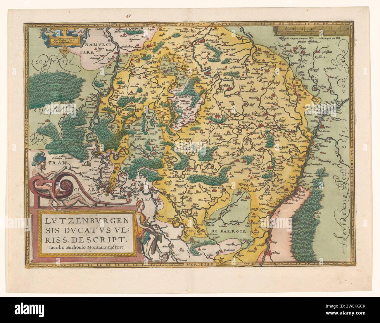 Karte des Herzogtums Luxemburg, Anonym, nach Jean Surhon, 1592 drucken Karte des Herzogtums Luxemburg. Unten links die Titelkartusche. Oben rechts eine Kartusche mit zwei Skalenstiften. Oben links eine Kartusche mit Privilegien. Mit lateinischem Text auf Verso. Papiergravur / Buchdruck Karten von verschiedenen Ländern oder Regionen Luxemburg (Herzogtum, Geschichte) Stockfoto