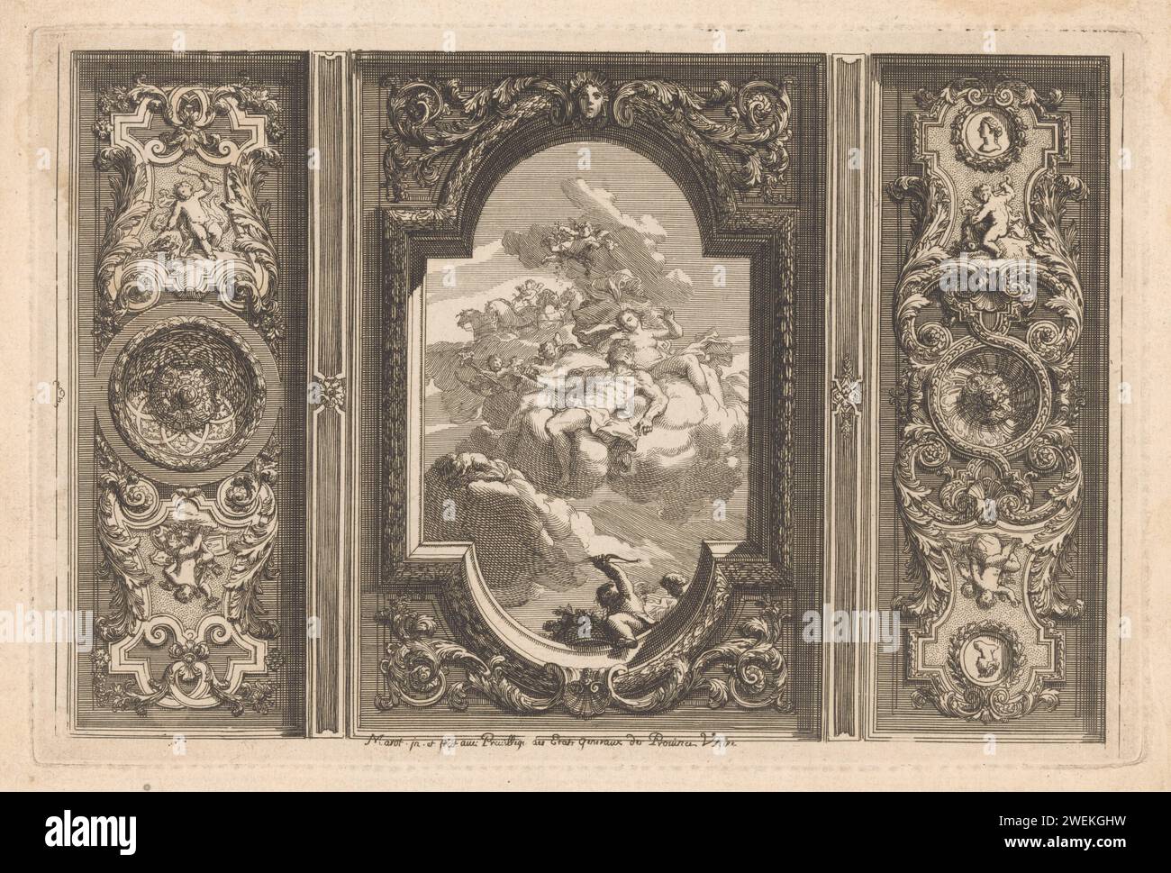 Decke mit drei vertikalen Paneelen, Daniël Marot (I), 1712 bedruckte Decke mit drei vertikalen Paneelen. Links und rechts mit Rosetten und Medaillons, in der Mitte mit Mars und Venus. Papierätzpalast Stockfoto